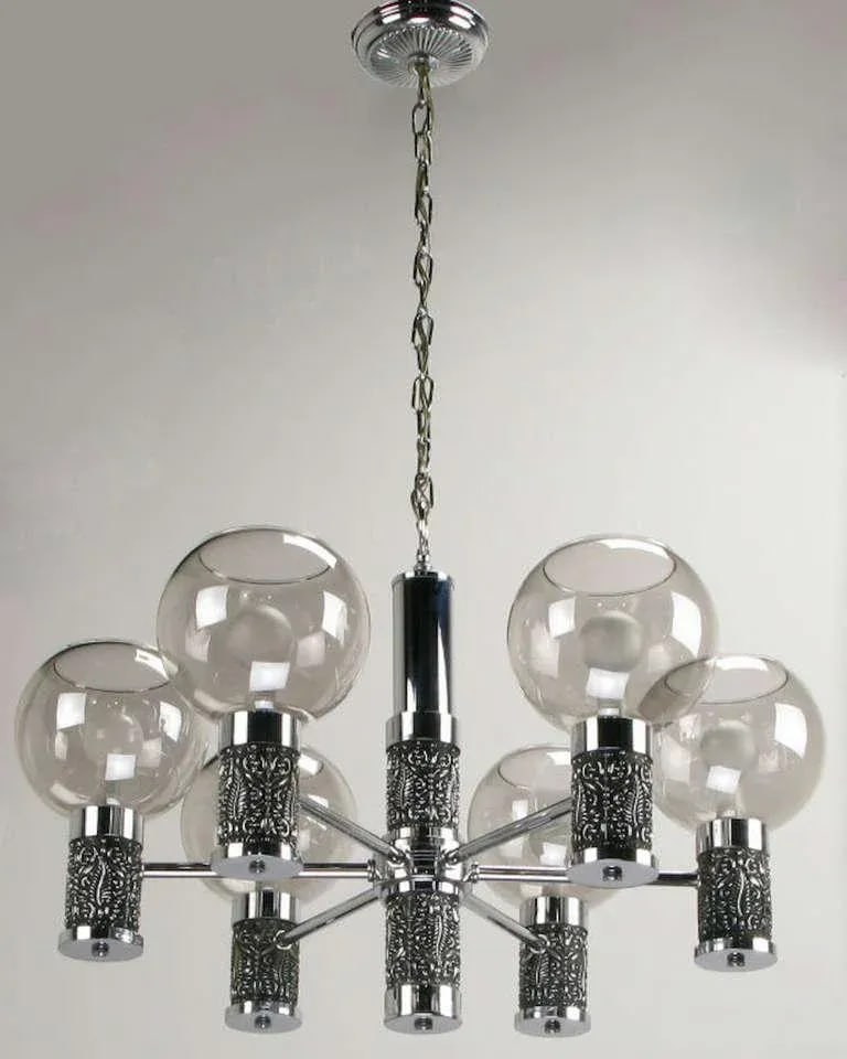 Chrome & Smoked Glass Chandelier With Foliate Relief Detail - 2