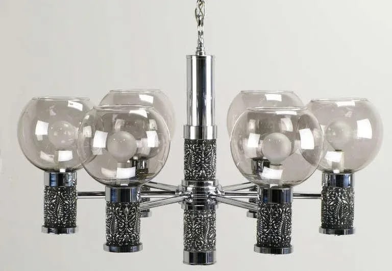 Chrome & Smoked Glass Chandelier With Foliate Relief Detail - 3