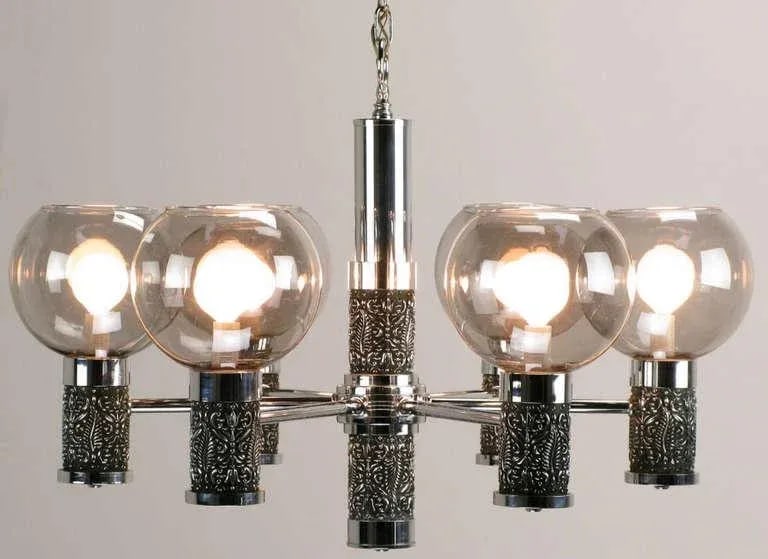 Chrome & Smoked Glass Chandelier With Foliate Relief Detail - 4
