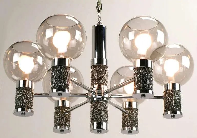 Chrome & Smoked Glass Chandelier With Foliate Relief Detail - 5
