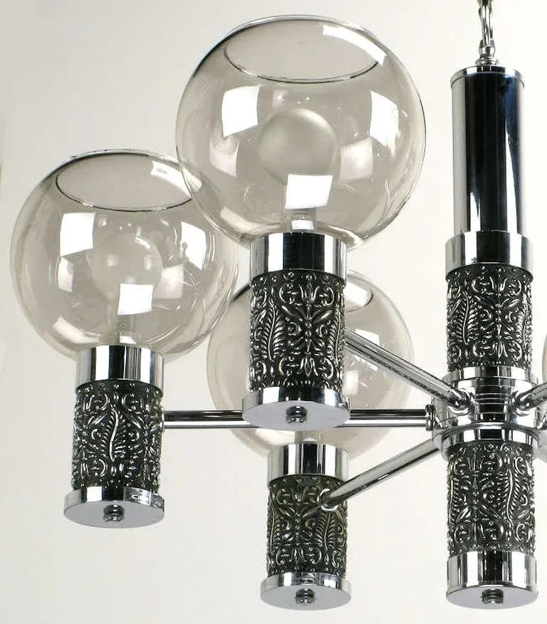 Chrome & Smoked Glass Chandelier With Foliate Relief Detail - 6