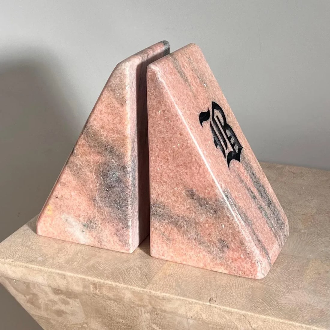 Vintage Pink Marble Bookends With Etched Gothic "b", Late 20th Century - a Pair - 11
