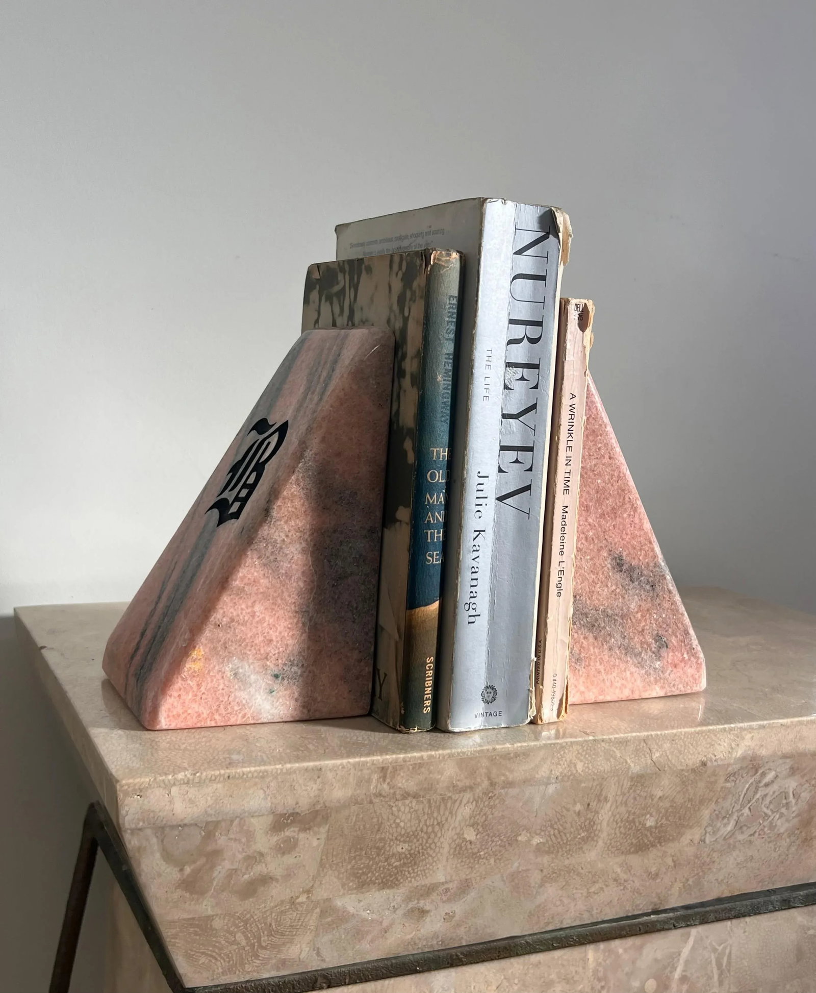 Vintage Pink Marble Bookends With Etched Gothic "b", Late 20th Century - a Pair - 12