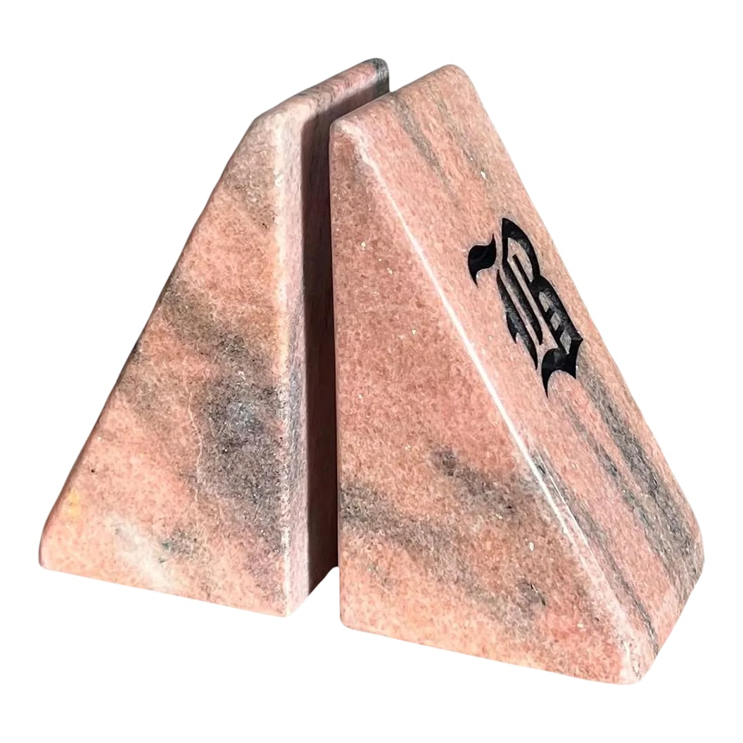 Vintage Pink Marble Bookends With Etched Gothic "b", Late 20th Century - a Pair: A very unique pair of monumental bookends in triangular chunks of pink marble, late 20th century. Each has the initial "B" in Gothic lettering carved into the back and painted black. A special item