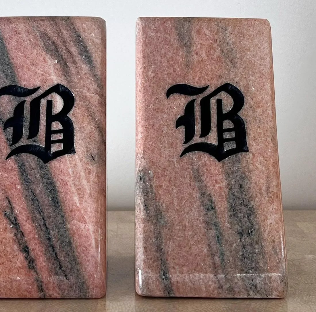 Vintage Pink Marble Bookends With Etched Gothic "b", Late 20th Century - a Pair - 4