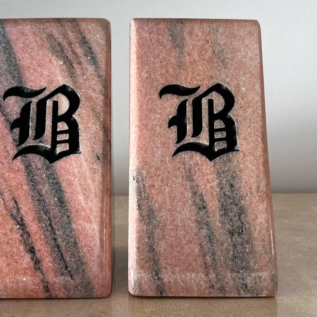 Vintage Pink Marble Bookends With Etched Gothic "b", Late 20th Century - a Pair - 5