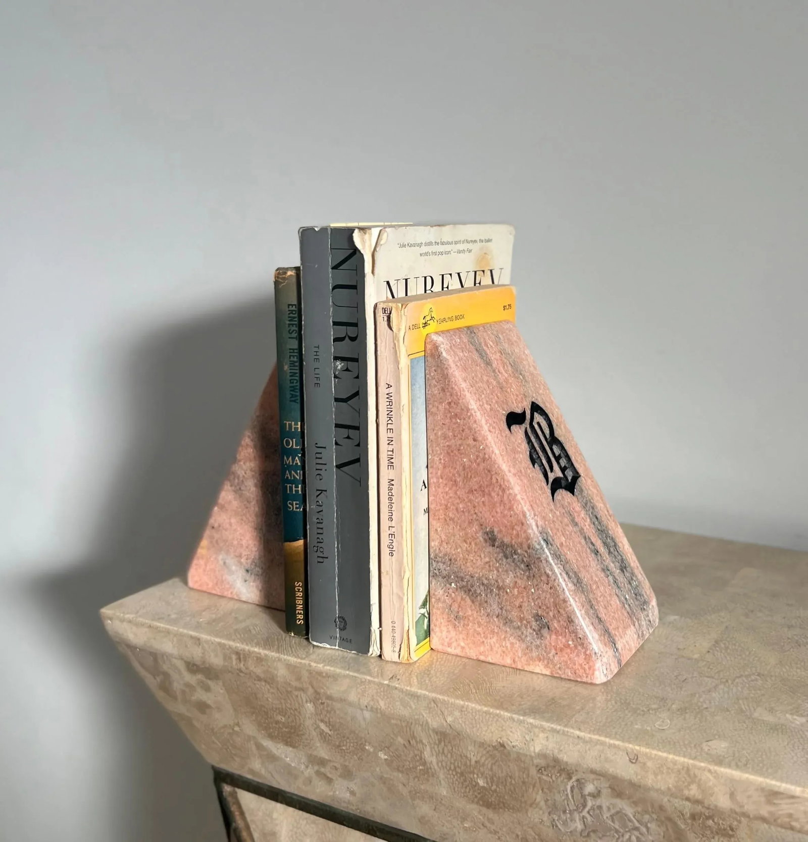 Vintage Pink Marble Bookends With Etched Gothic "b", Late 20th Century - a Pair - 9
