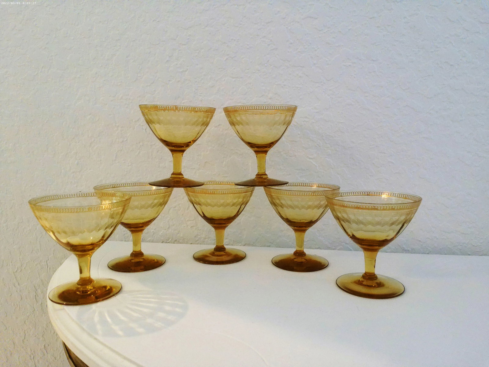 Mid-Century Amber Etched Optic Glass Coupes, Set of 7 - 2