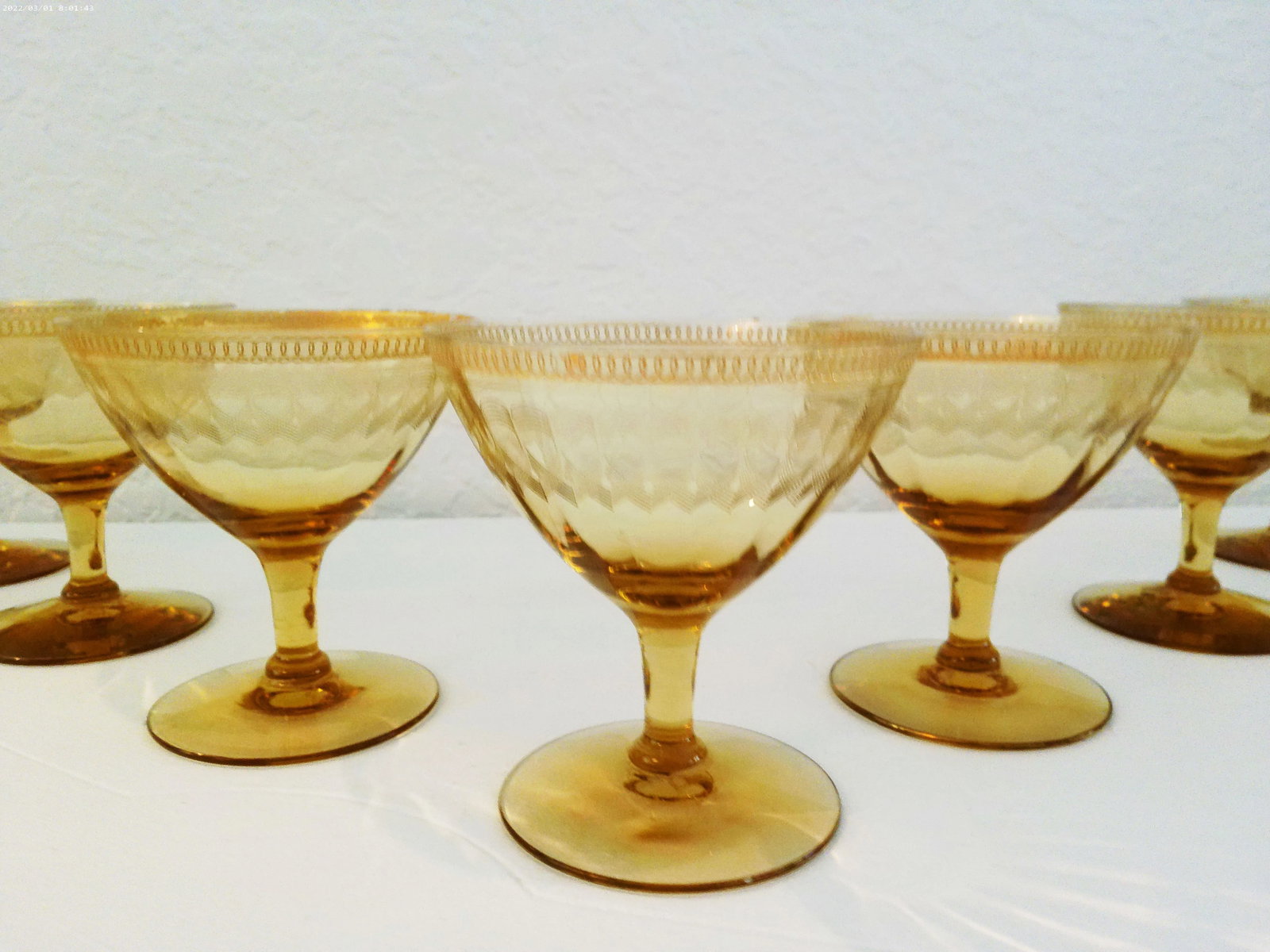 Mid-Century Amber Etched Optic Glass Coupes, Set of 7 - 3