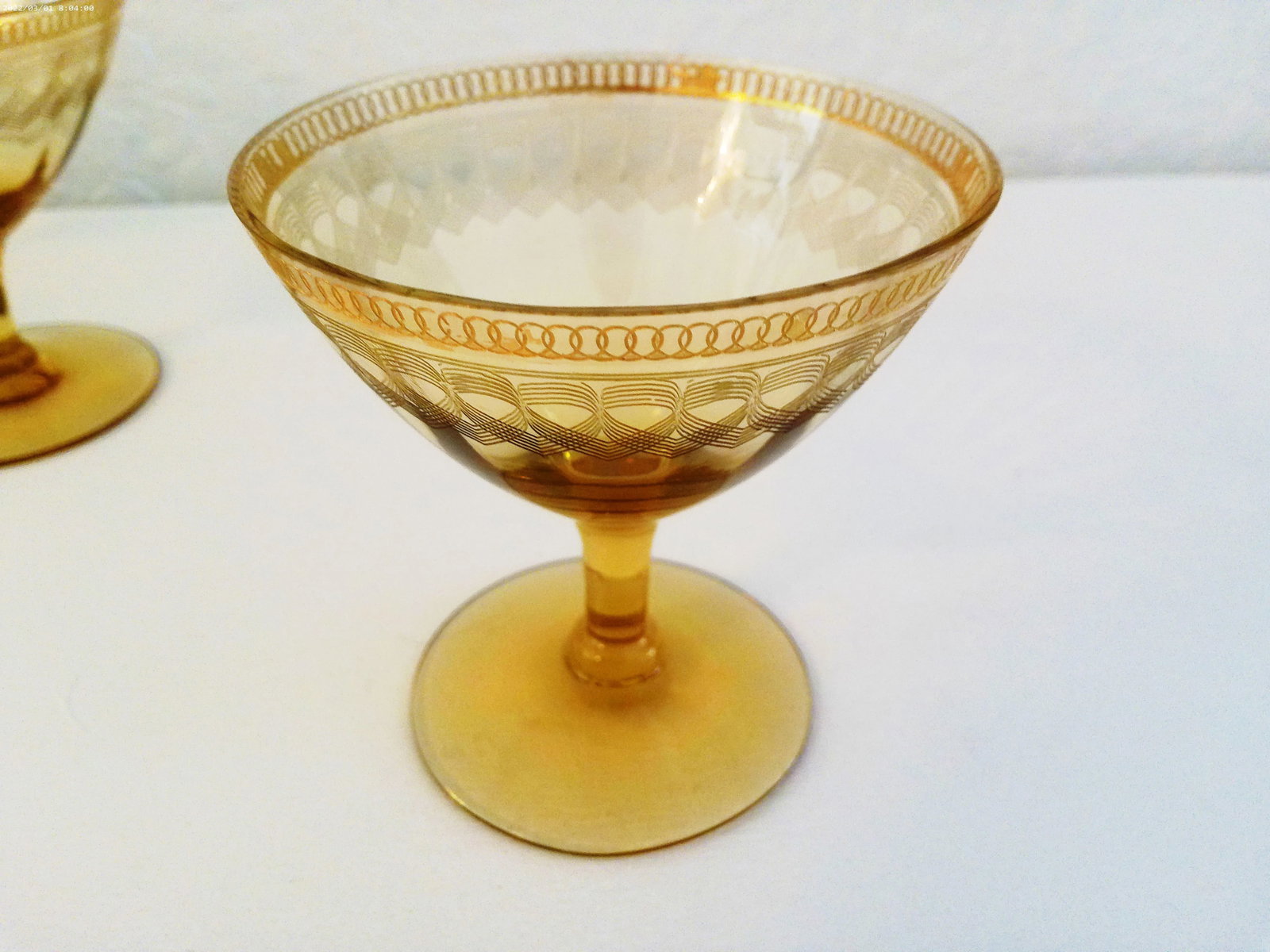 Mid-Century Amber Etched Optic Glass Coupes, Set of 7 - 5