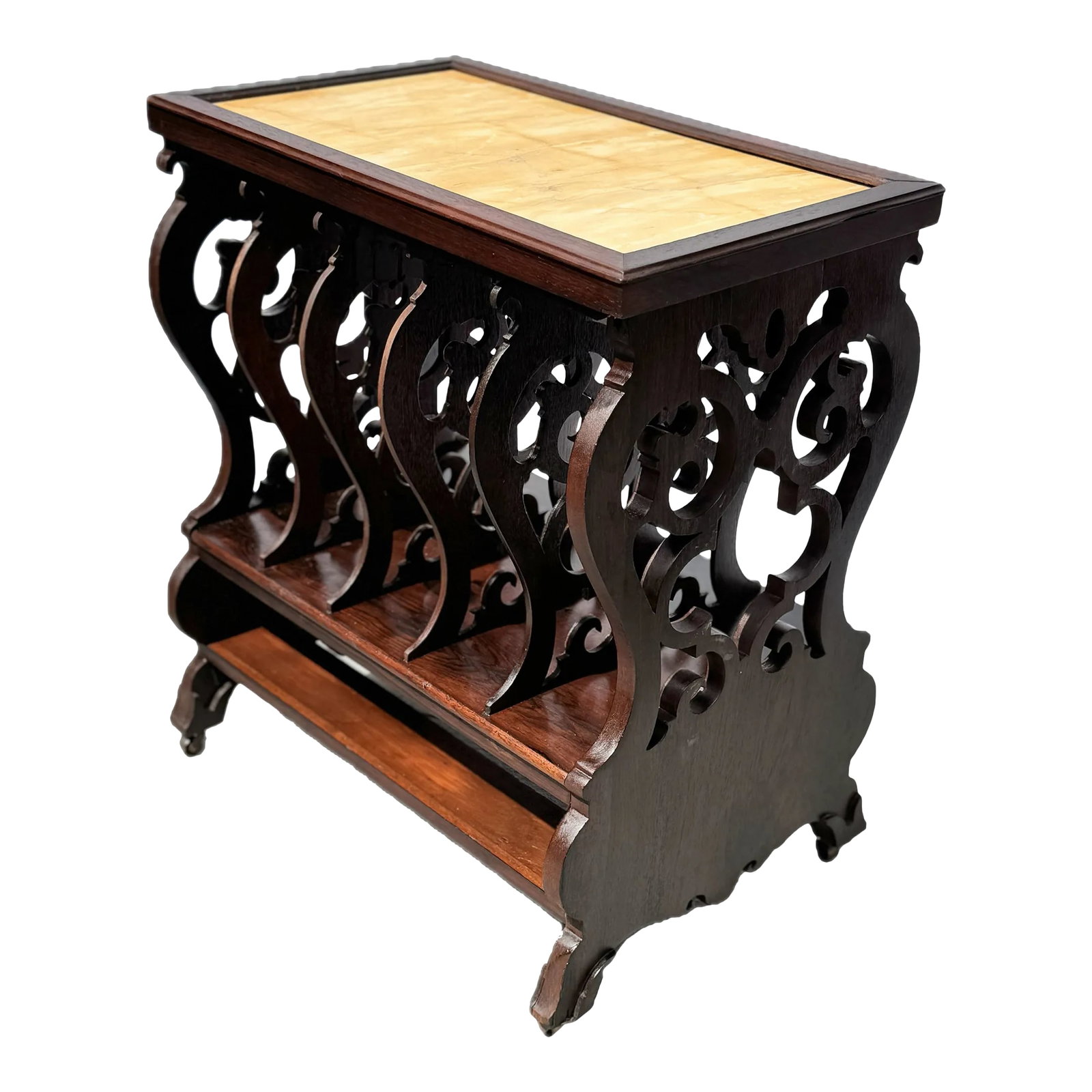 Early 19th Century Victorian Rosewood Marble Top Canterbury: Victorian era Rosewood Marble Top Canterbury. Striking pierced fretwork with lyre shaped motif accentuate the rack. Raised upon squat, turned legs and riding smoothly upon brass castors to each corner