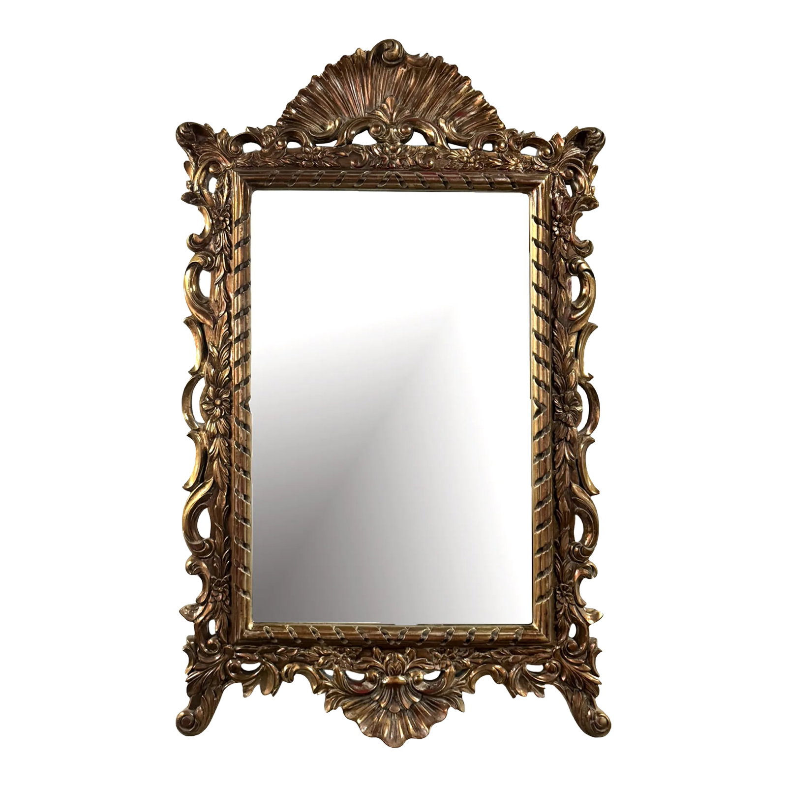 Mid 20th Century French Regency Style Gilt Mirror: French Regency Style Gilt Mirror with high pediment and scrolling design. Made in the Mid 20th Century. Condition: Alterations: Original Condition Unaltered Imperfections: Some Imperfections
