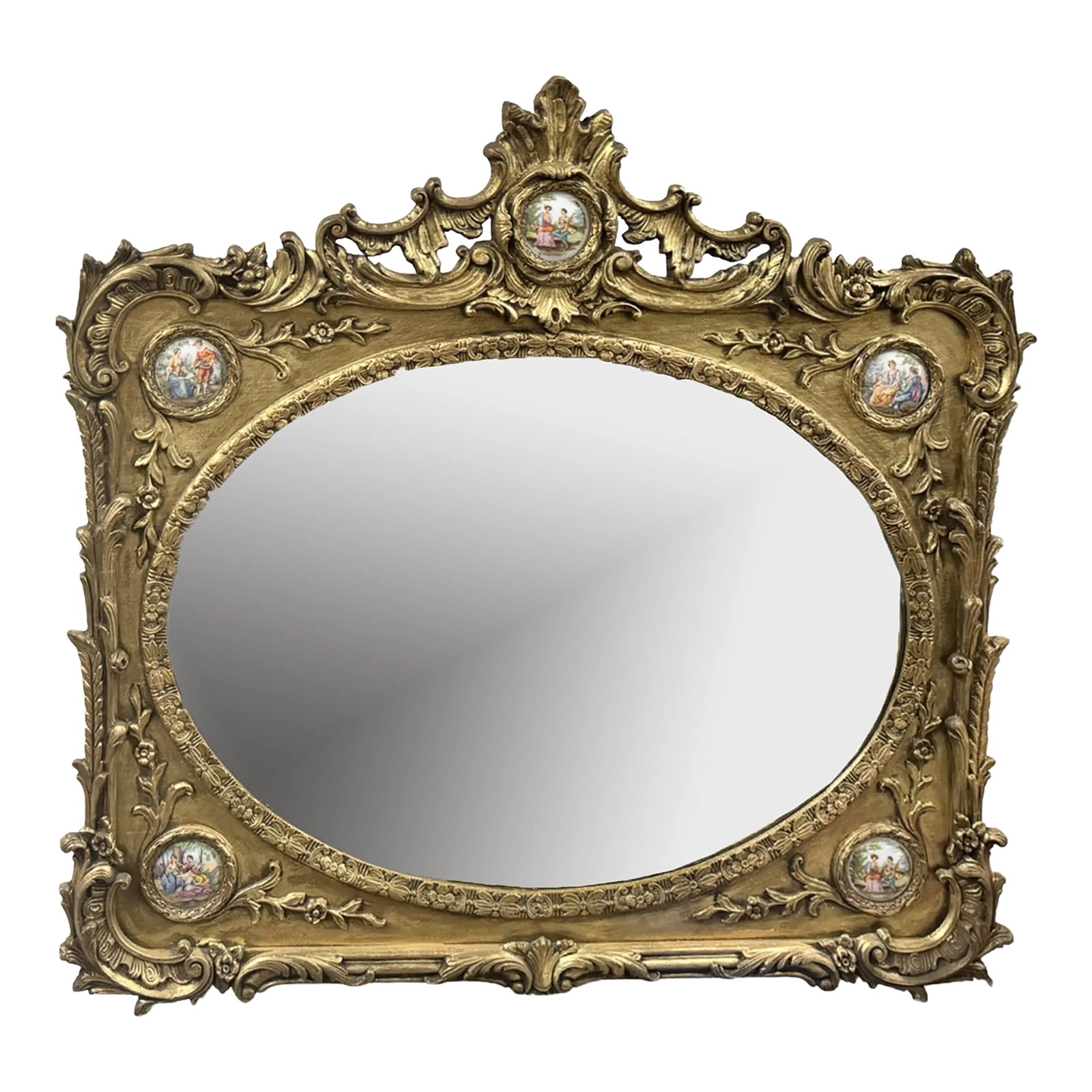 Giltwood Mirror With Porcelain Panel: A French style giltwood with ornate frame and porcelain insets. Condition: Alterations: Original Condition Unaltered Imperfections: Some Imperfections Condition Notes: Very good condition, some