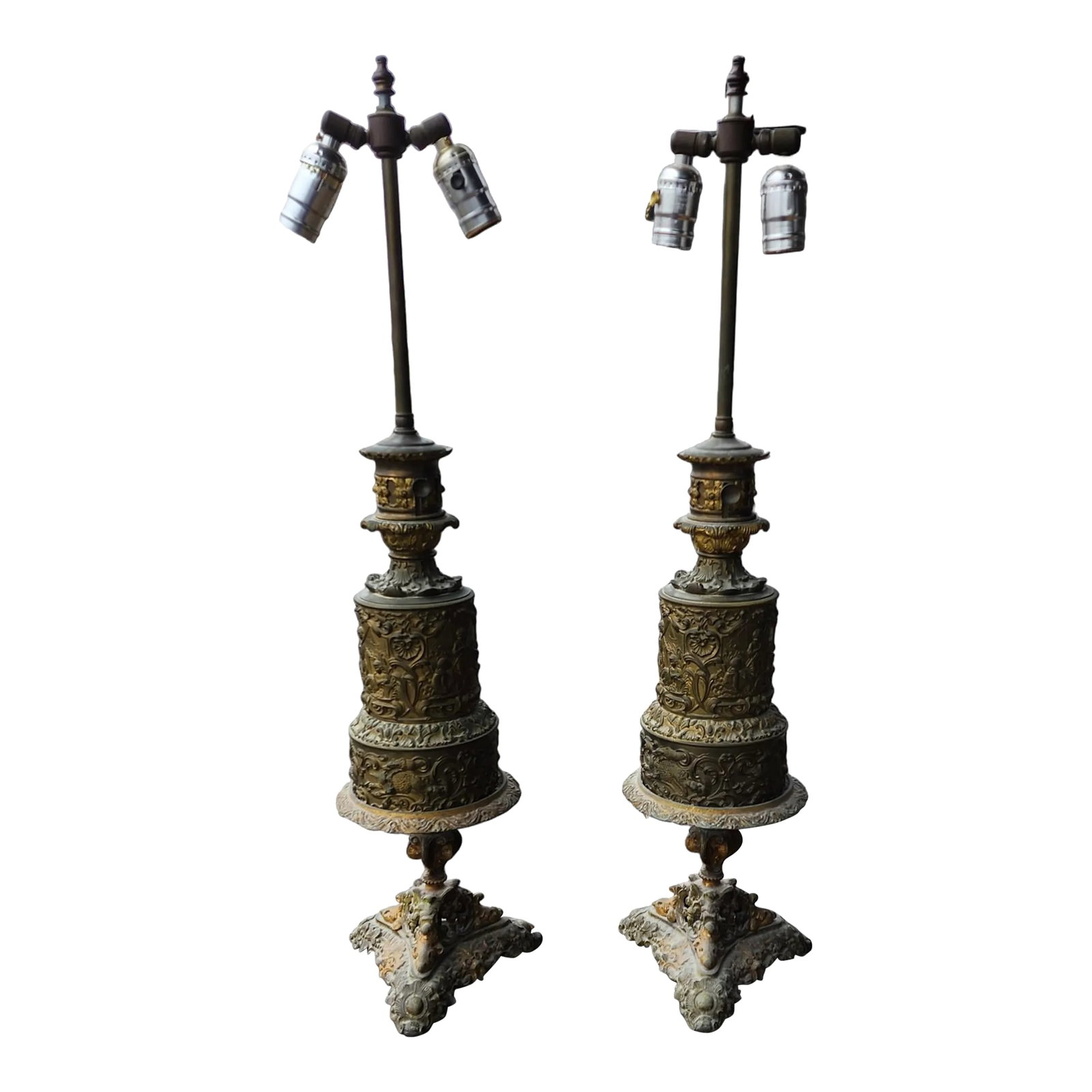 Fine Pair French Mid 19th Century Converted Brass Repousse Moderator Oil Lamps C1860: Pair antique mid 19th century French Brass repousse converted moderator oil lamps, c1860. Center repousse sections are original 19th century oil lamps. Base and stem and sockets, added in the 20th