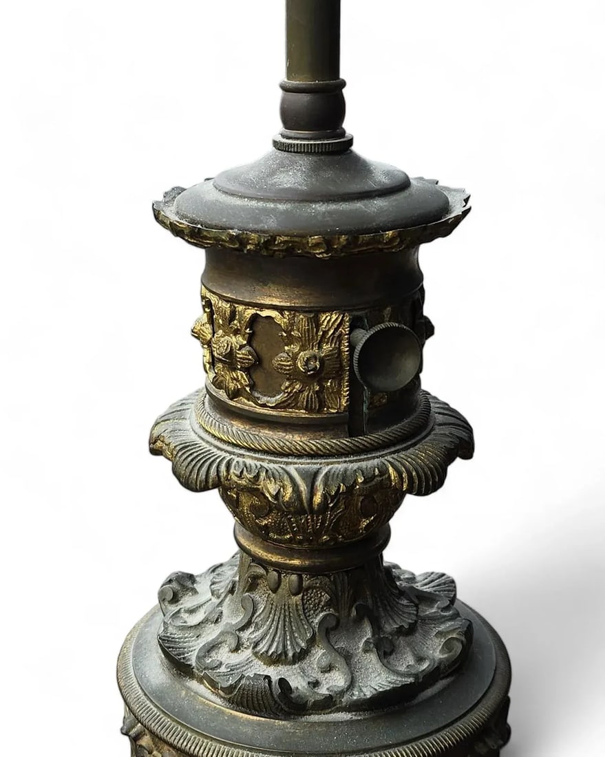 Fine Pair French Mid 19th Century Converted Brass Repousse Moderator Oil Lamps C1860 - 2