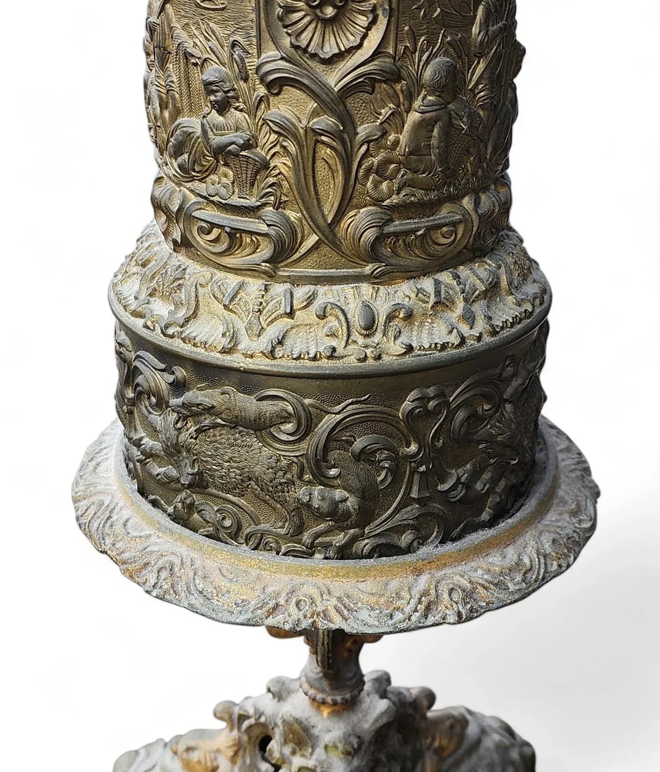 Fine Pair French Mid 19th Century Converted Brass Repousse Moderator Oil Lamps C1860 - 4