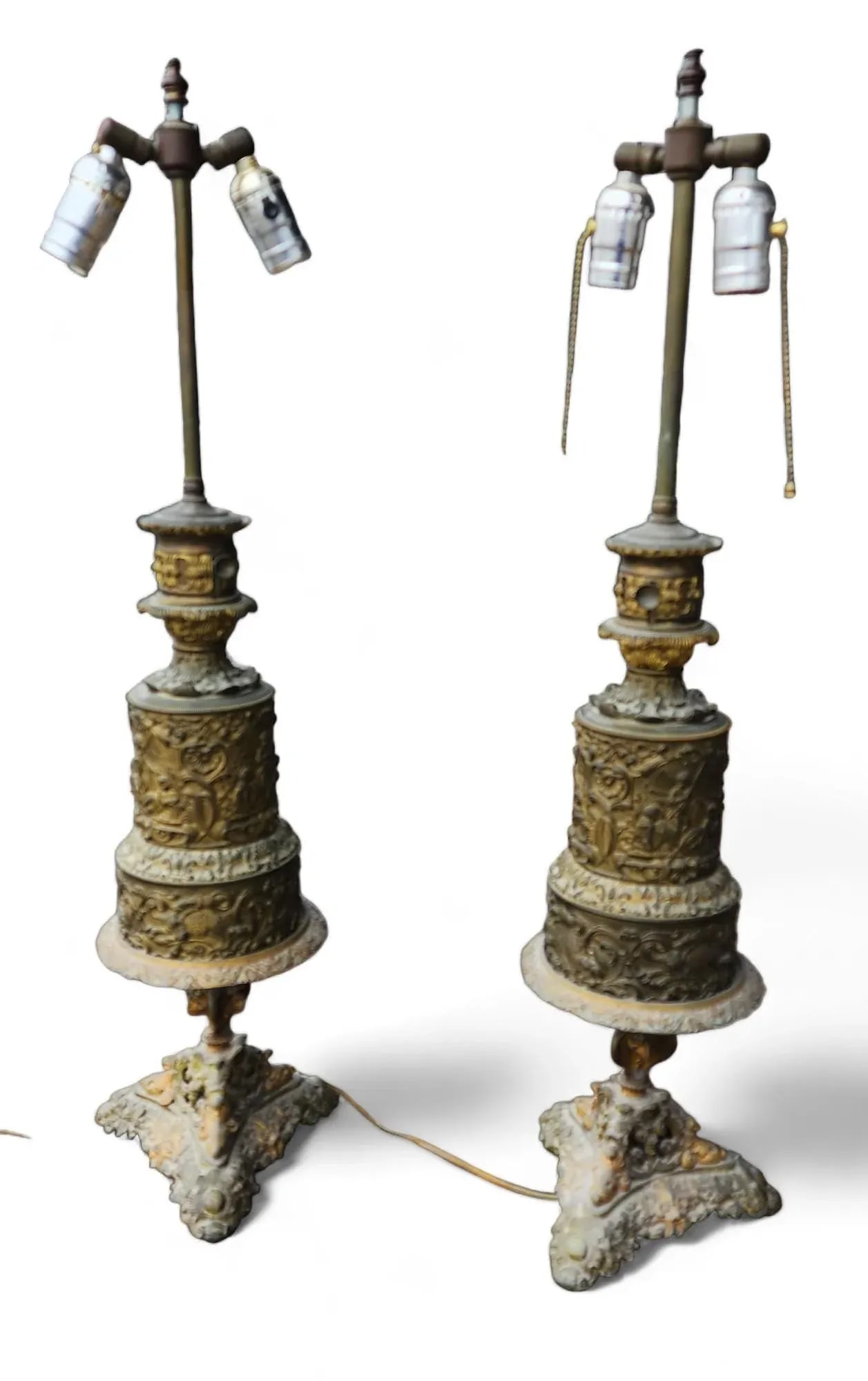 Fine Pair French Mid 19th Century Converted Brass Repousse Moderator Oil Lamps C1860 - 7