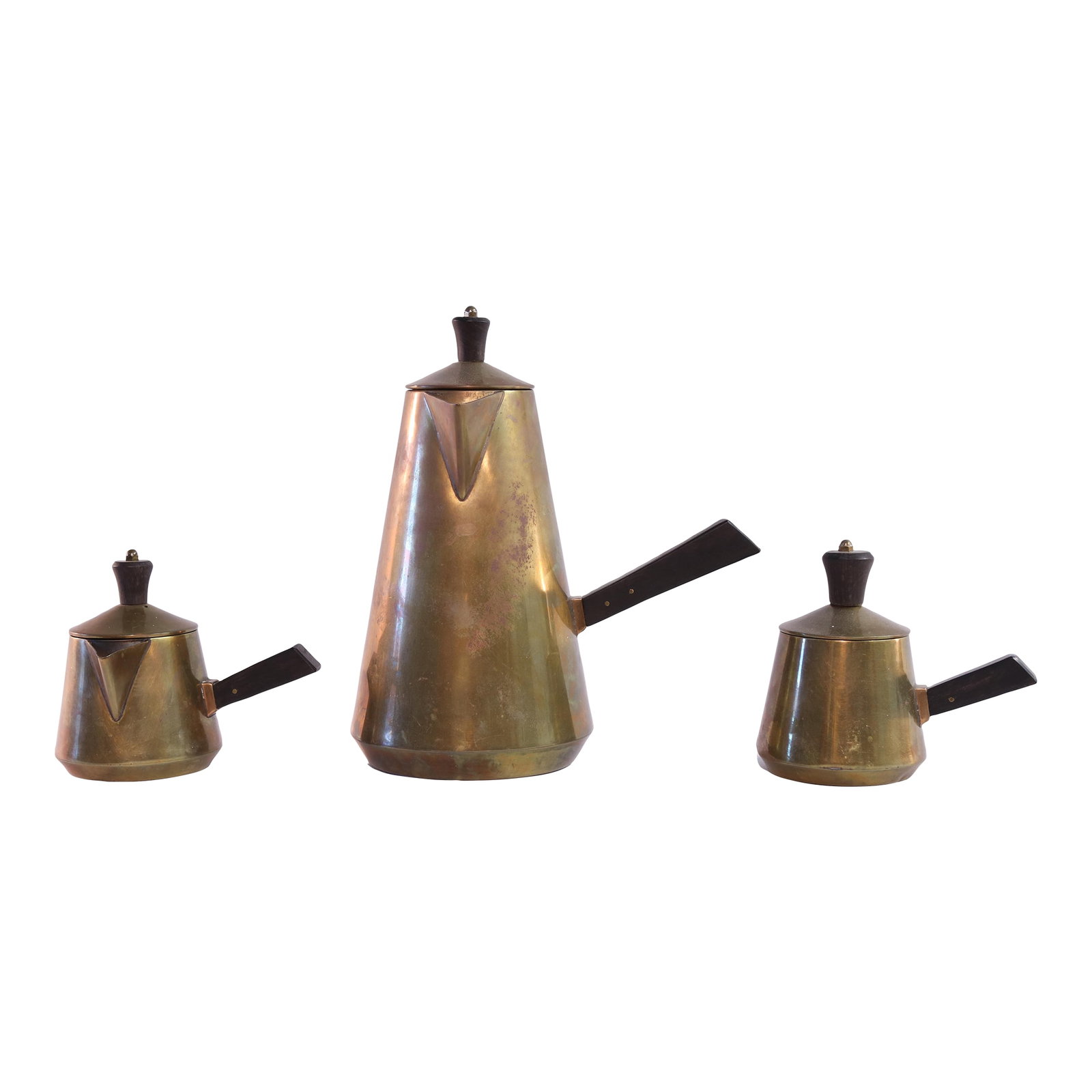 Mid Century Modern Jc Moore Coffee Tea Set- 3 Pieces: Mid Century Modern JC Moore Coffee/Tea Set Pitcher 837, Creamer and Sugar, Brass with Wood handles. Condition: Alterations: Original Condition Unaltered Imperfections: Some Imperfections Condition