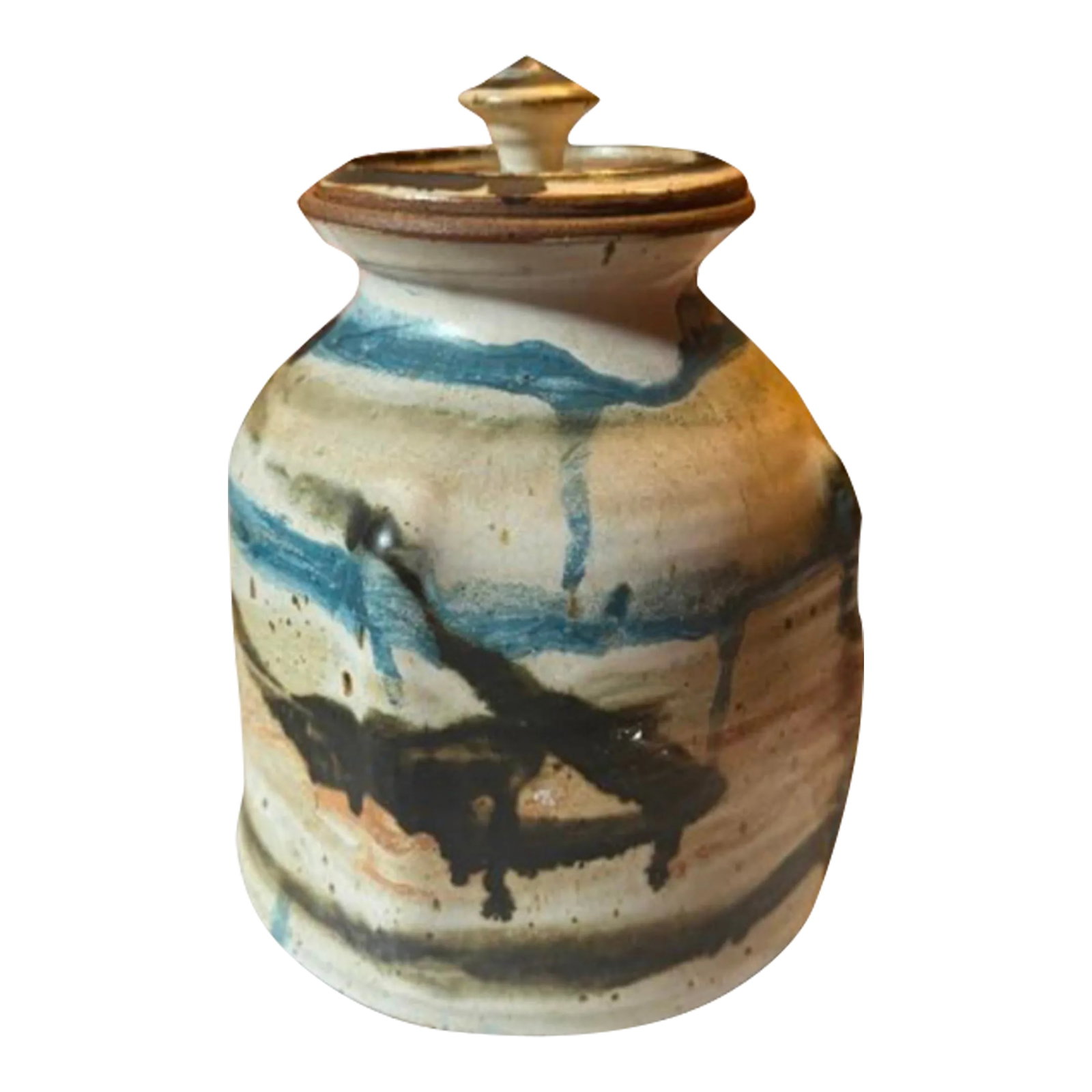 1960s Multicolored Ceramic Jar or Cannister: The mid-century pot, adorned with abstract colors, is a striking example of artistic craftsmanship that blends function with aesthetic appeal. Its curvaceous form is beautifully covered in a