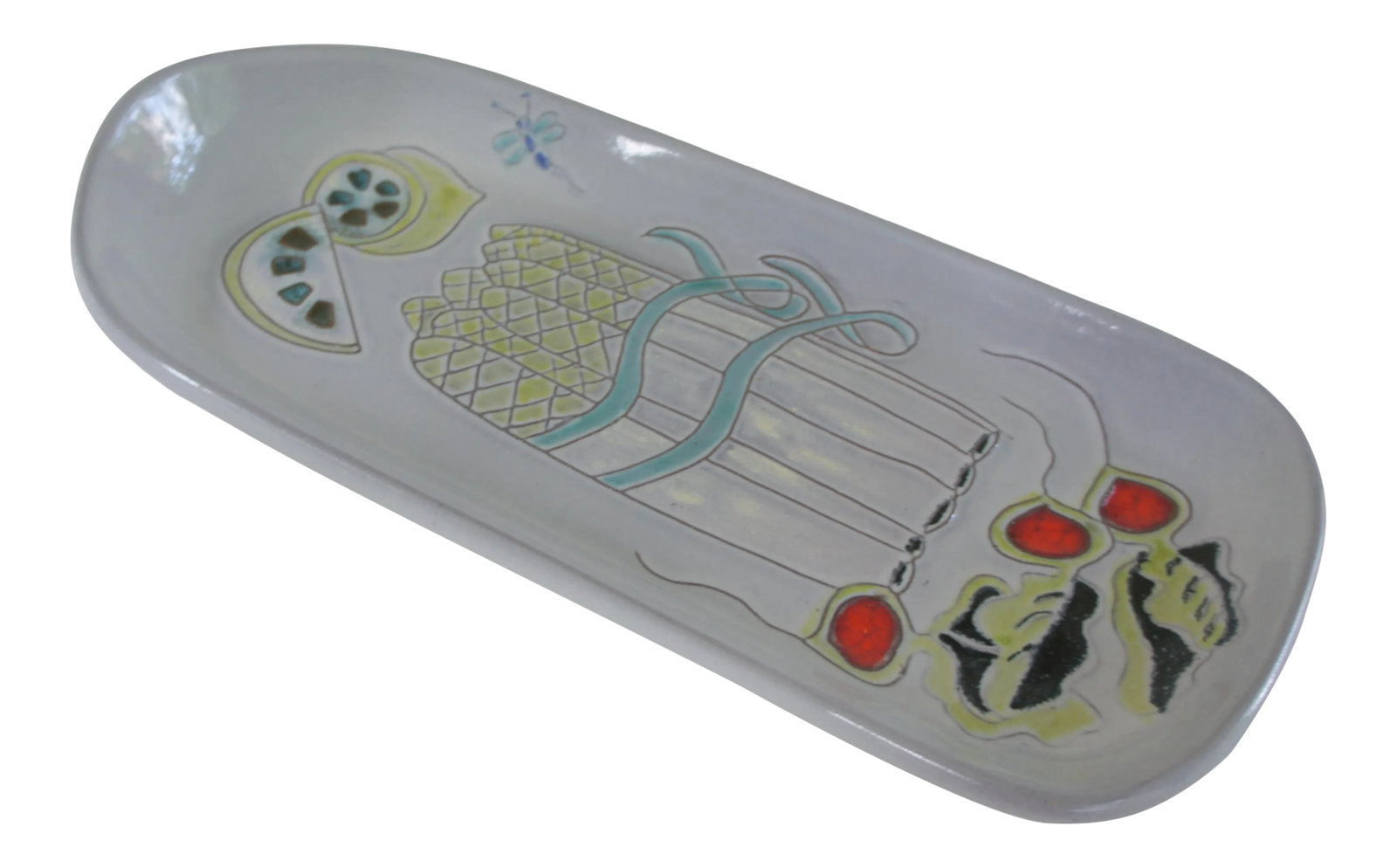 Mid-Century Modern Asparagus Ceramic Platter by Sheldon Gants for Ceramic Art: A beautiful, playful asparagus ceramic tray by ceramicist Sheldon Gants for Ceramic Art Studio. Sheldon Gants received his undergraduate degree in Ceramic Art and Design from Alfred in 1940. The