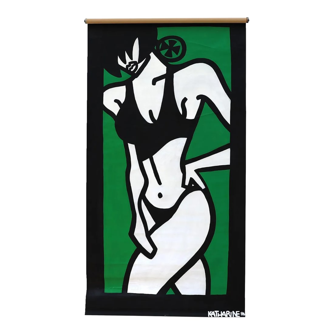 1980's Pop Art Window Shade Roller for Window or Wall: Super fun 1980's pop art, pull down roller shade painting for a window or to hang on a wall. This is an original, one of a kind acrylic painting on a fabric roller shade. "Green German Woman" Signed K