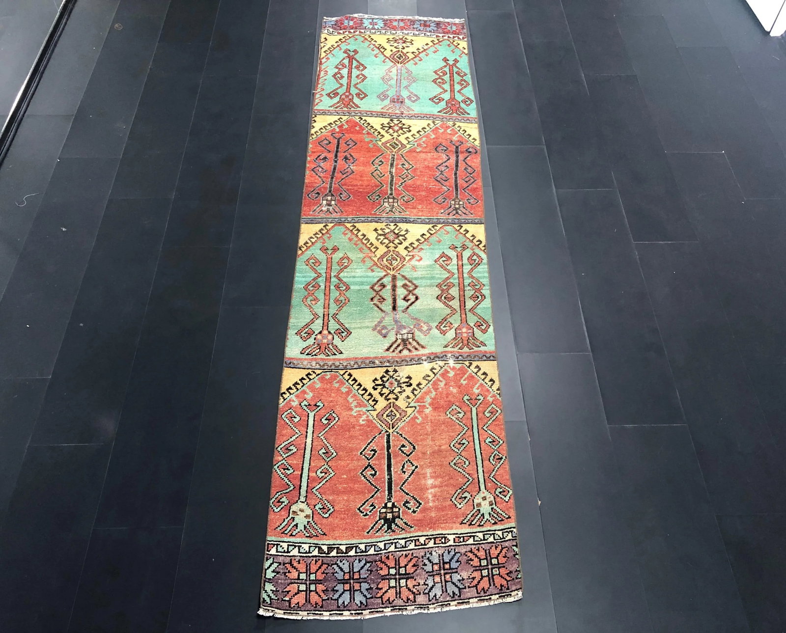 Vintage Orange and Green Turkish Traditional Oushak Rustic Runner Rug - 11