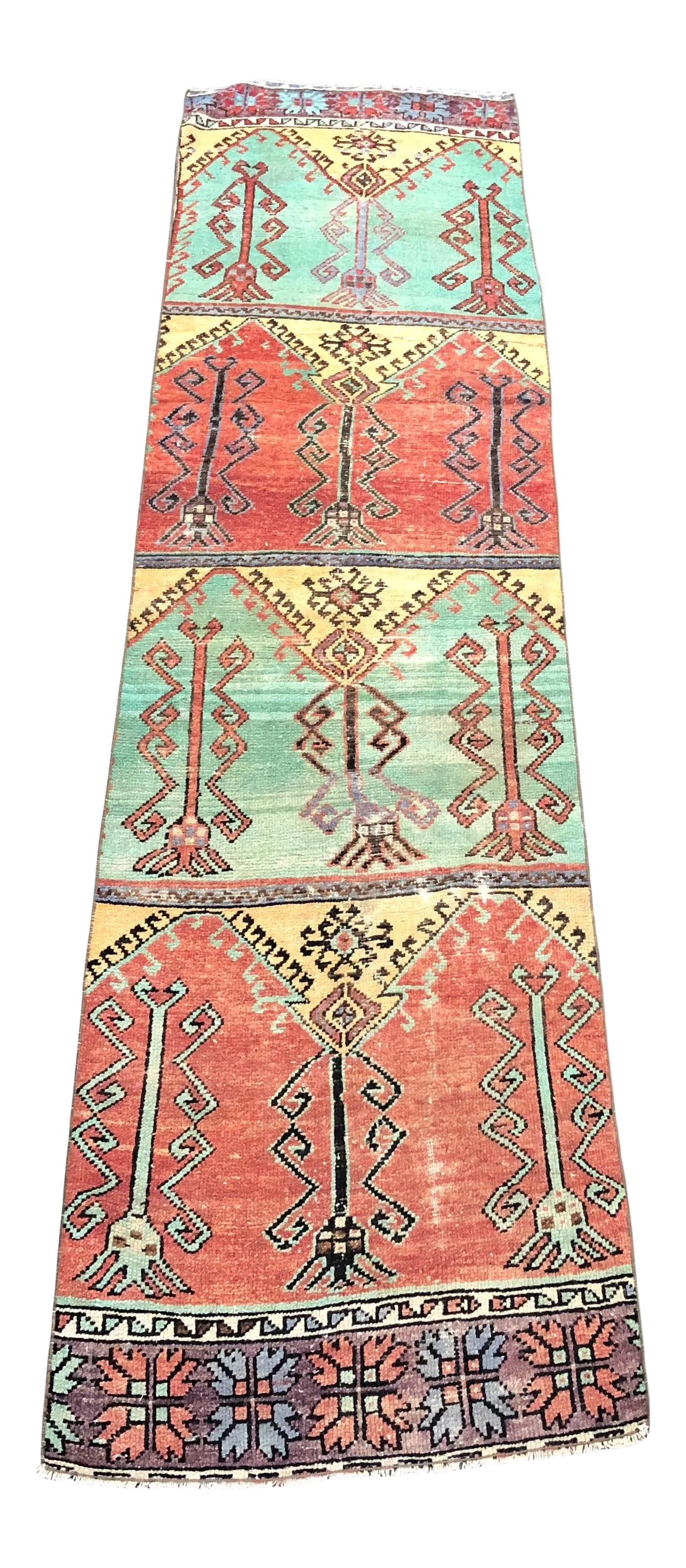 Vintage Orange and Green Turkish Traditional Oushak Rustic Runner Rug: Handmade wool carpet in Turkish anatolia , vintage Oushak rug,Turkish Vintage anatolian rug, handmade wool rug . One of kind vintage rug with perfect design and colors. Condition: Alterations: