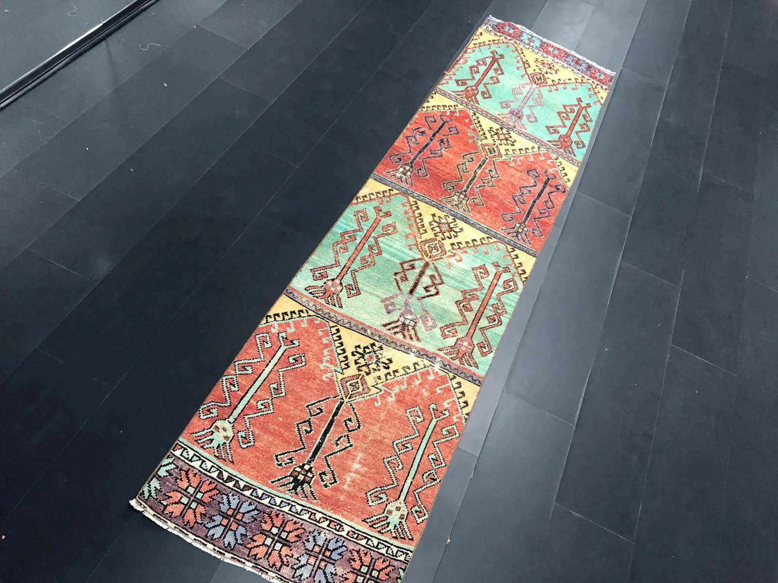 Vintage Orange and Green Turkish Traditional Oushak Rustic Runner Rug - 2