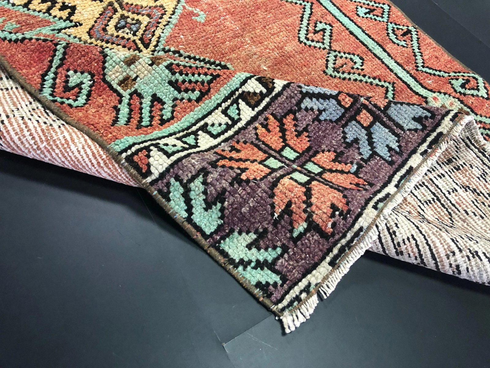 Vintage Orange and Green Turkish Traditional Oushak Rustic Runner Rug - 4