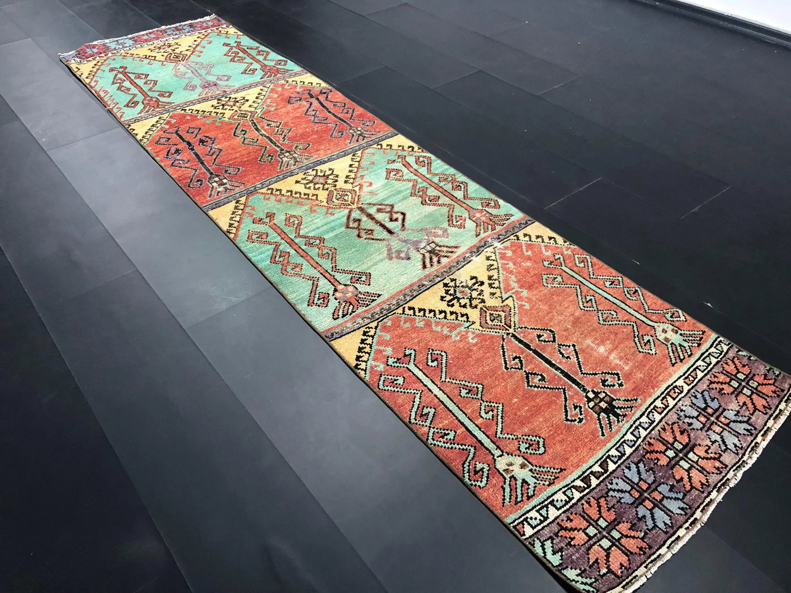 Vintage Orange and Green Turkish Traditional Oushak Rustic Runner Rug - 5