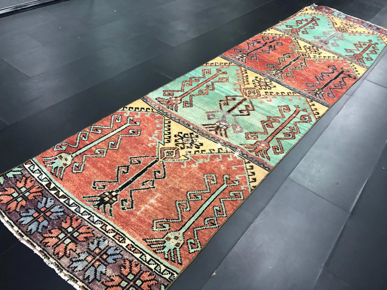 Vintage Orange and Green Turkish Traditional Oushak Rustic Runner Rug - 8