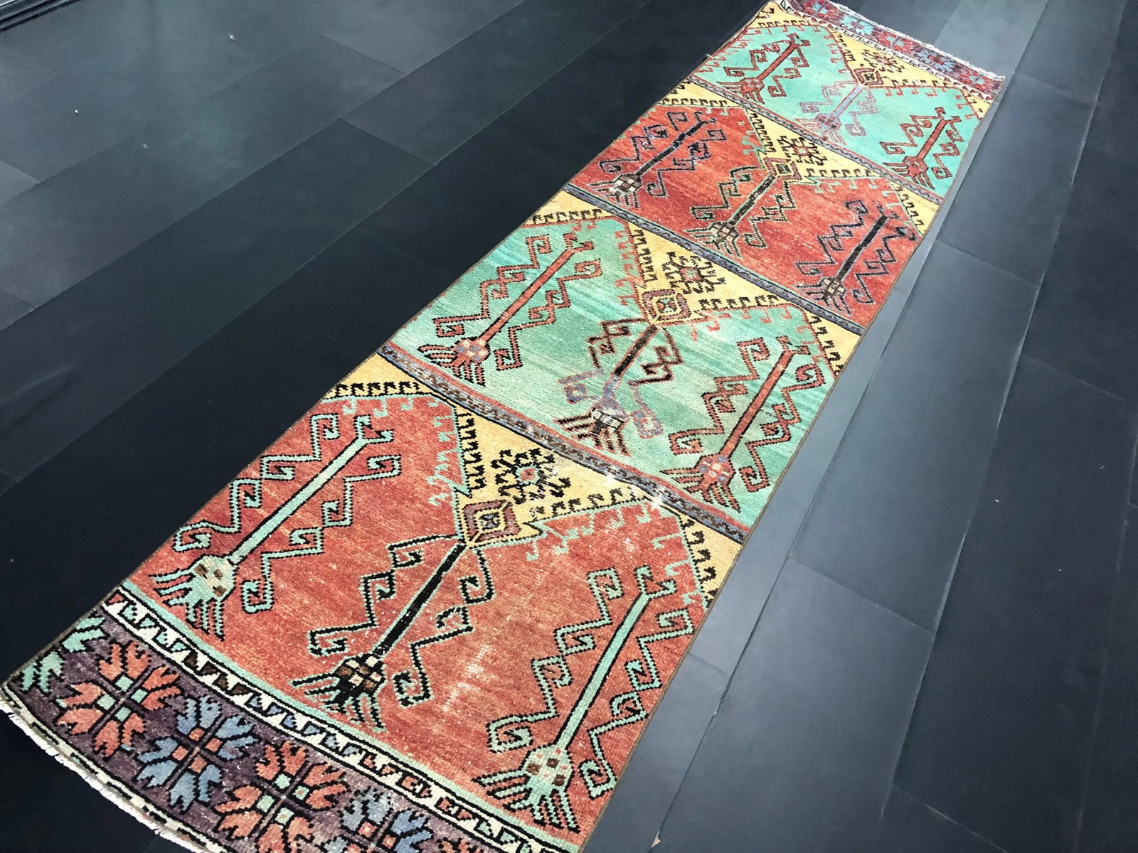 Vintage Orange and Green Turkish Traditional Oushak Rustic Runner Rug - 9