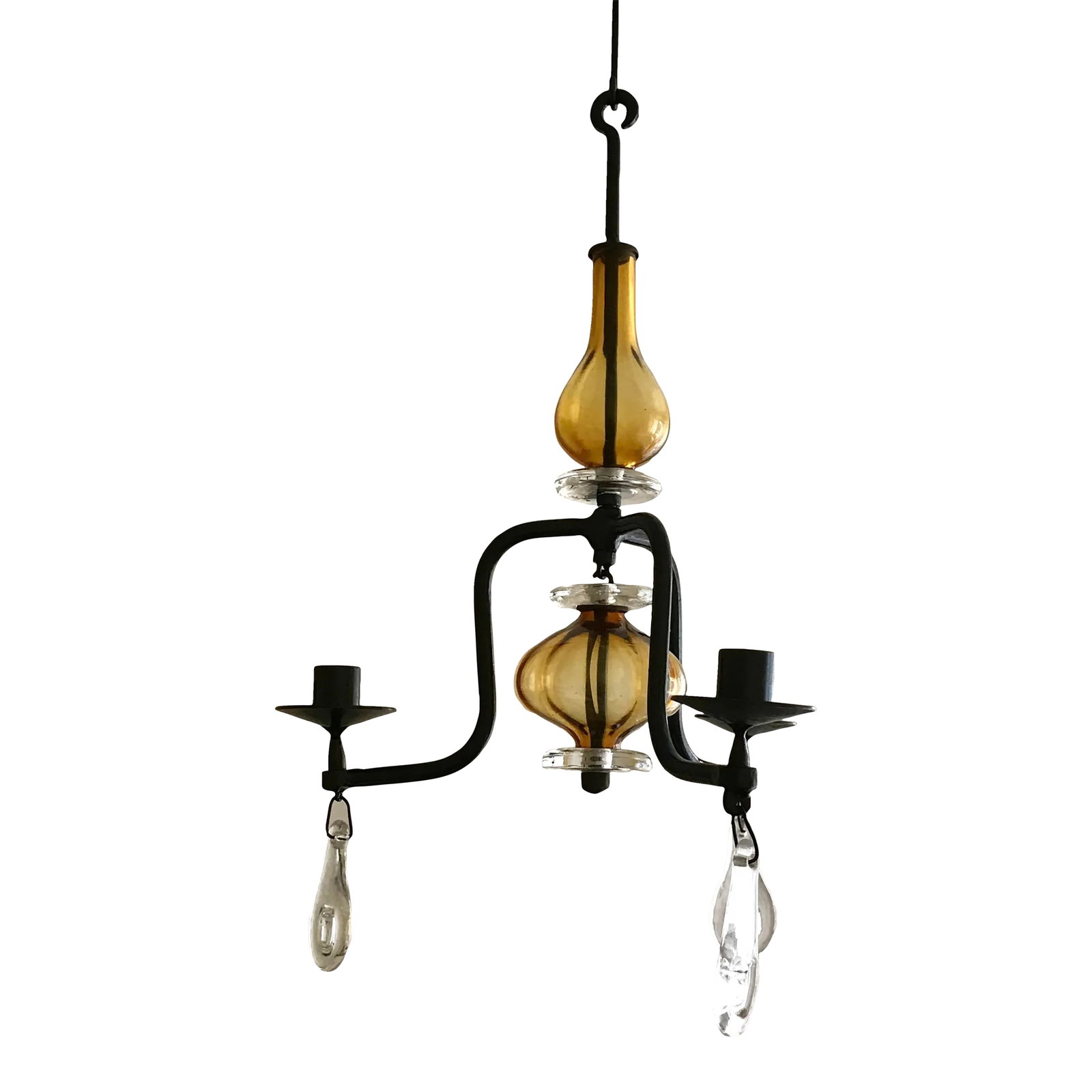 1960s Erik Hoglund Three-Arm Chandelier With Amber Colored Glass: Mid Century wrought iron and glass chandelier designed by Eric Hoglund and manufactured by Boda Glassworks, Sweden 1960s. Unwired with 3 candle arms. Amber glass elements with clear glass drops with p