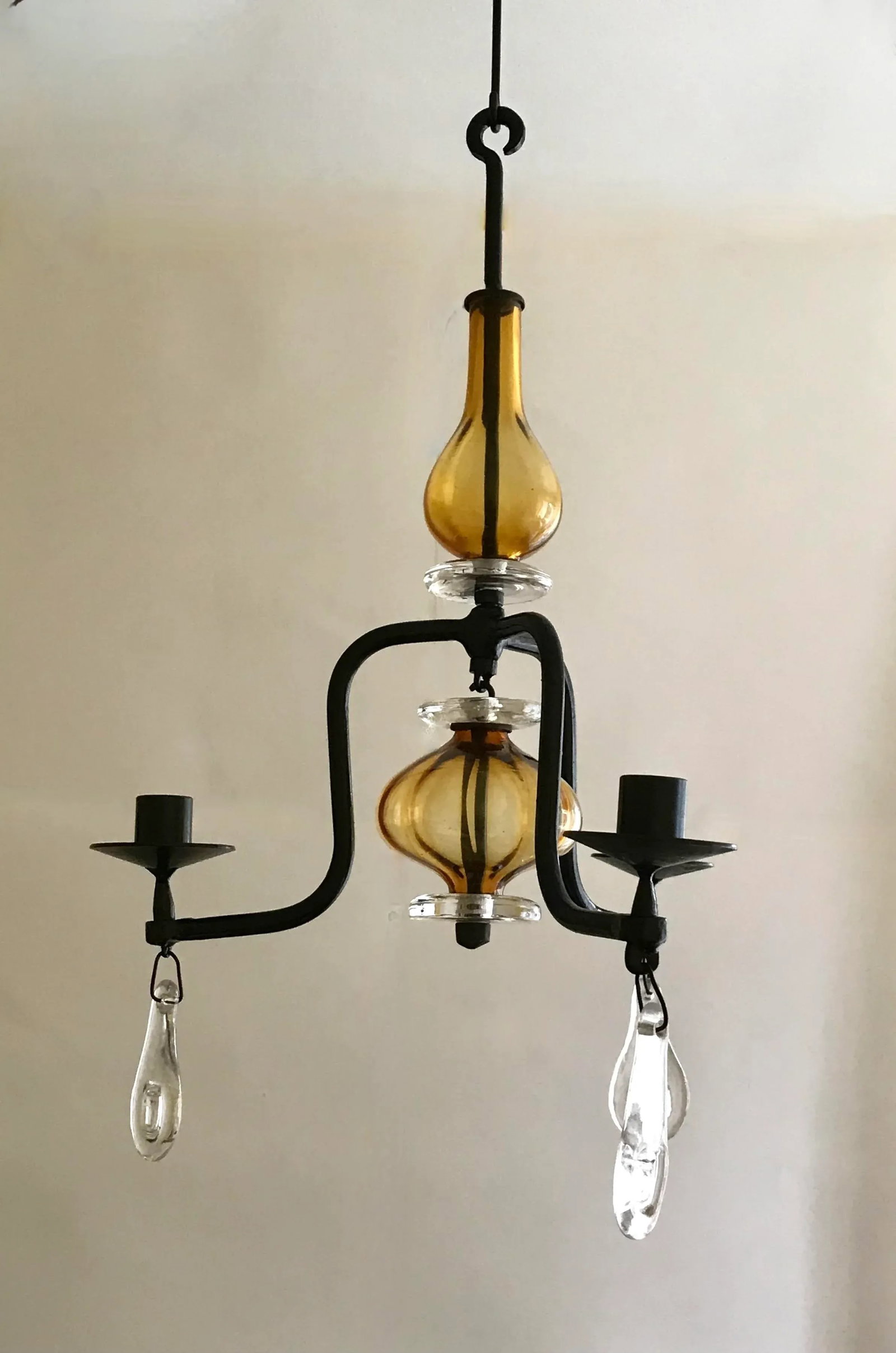 1960s Erik Hoglund Three-Arm Chandelier With Amber Colored Glass - 2