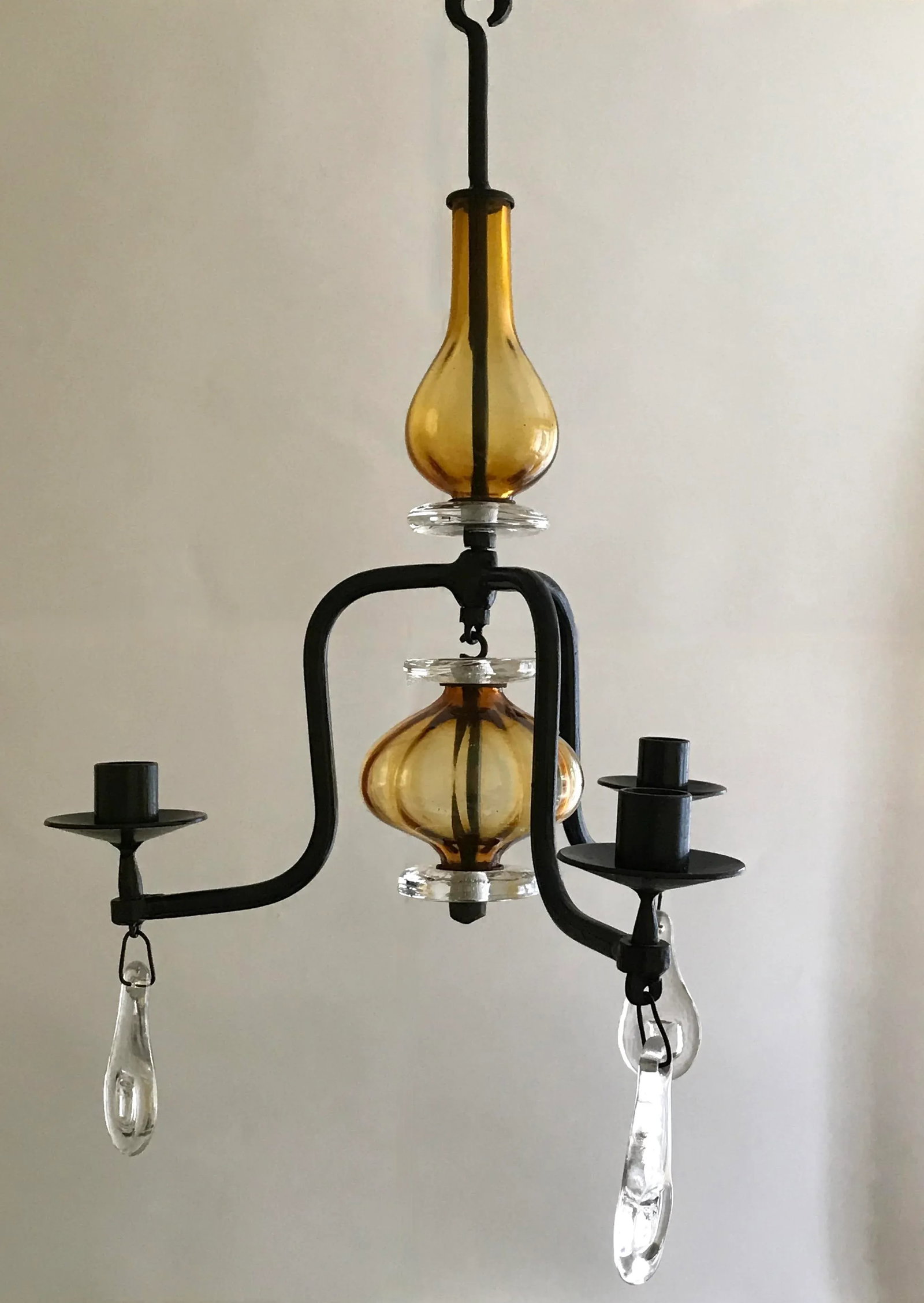 1960s Erik Hoglund Three-Arm Chandelier With Amber Colored Glass - 3