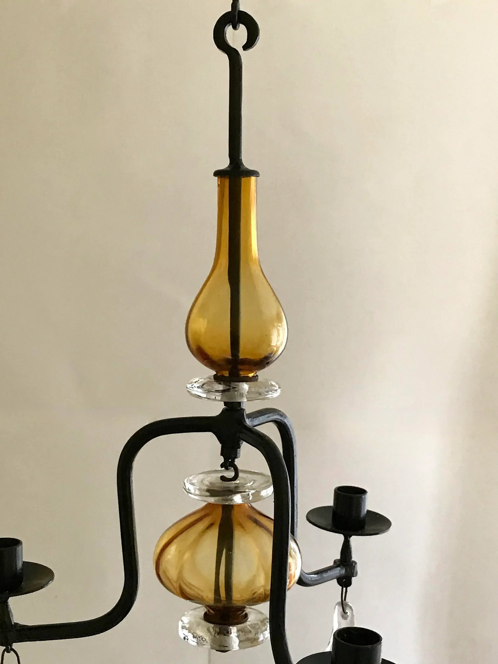 1960s Erik Hoglund Three-Arm Chandelier With Amber Colored Glass - 4