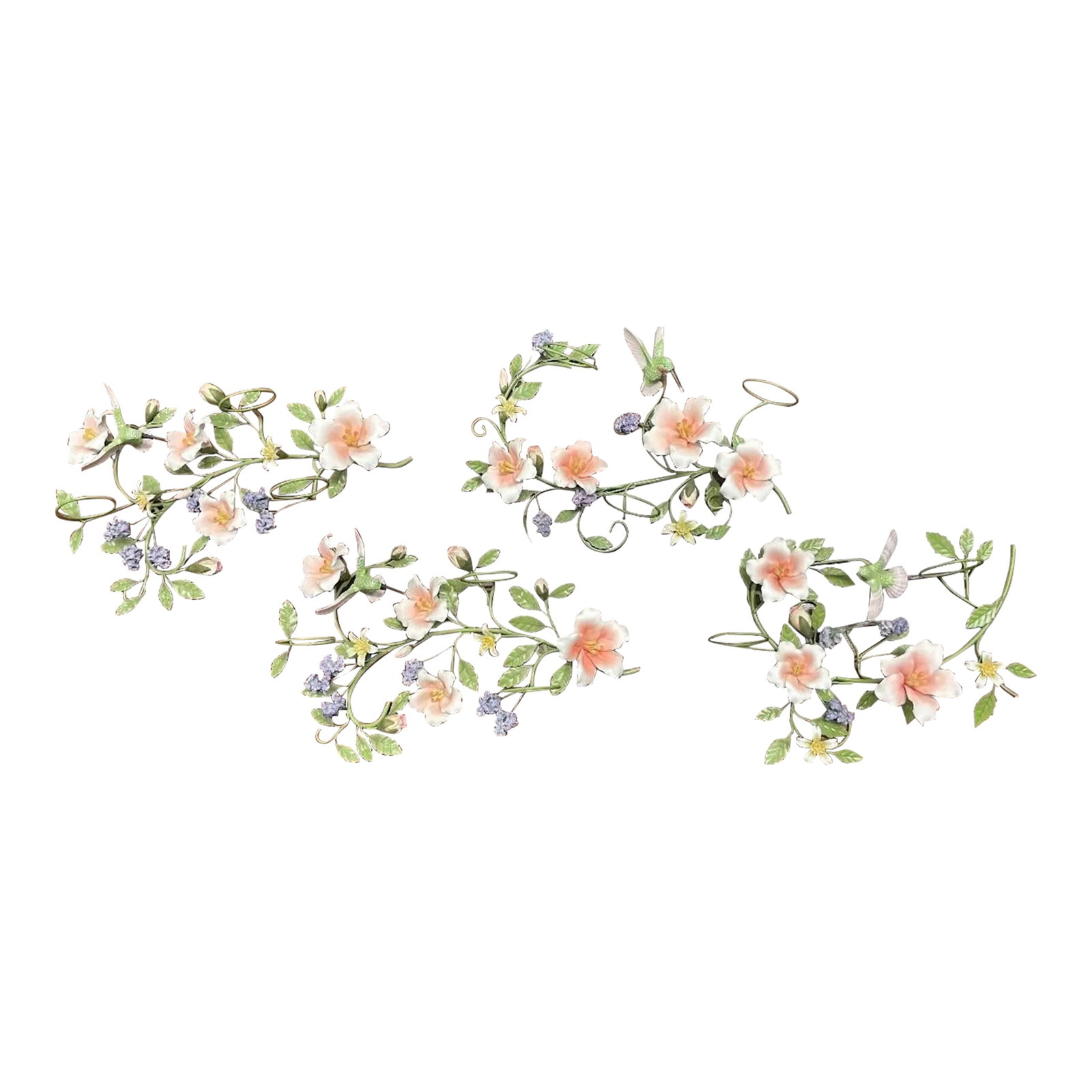 Vintage Porcelain and Tole Floral Candle Holder Wall Sconces - Set of 4: Each of these beautiful metal and porcelain wall hangings hold 2 votive candle holders. We put one of our holders in for an example. The flowers and the hummingbirds are made of porcelain. The vines