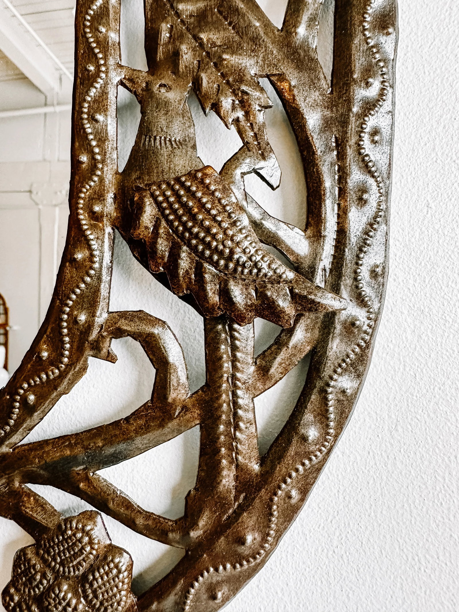 Vintage Handmade Punched Tin Brutalist Bird Motif Oval Mirror - 12
