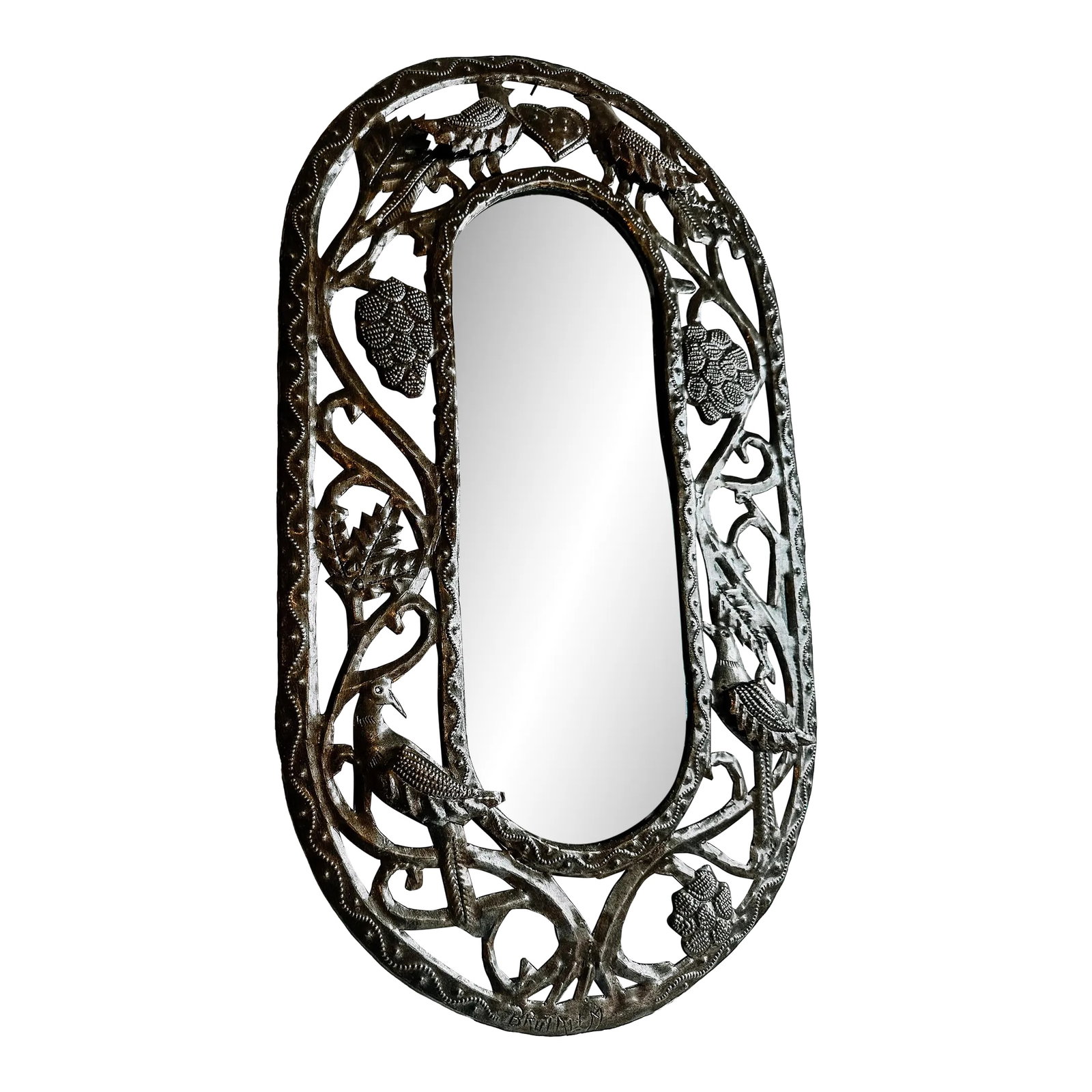 Vintage Handmade Punched Tin Brutalist Bird Motif Oval Mirror (1 of 12)
