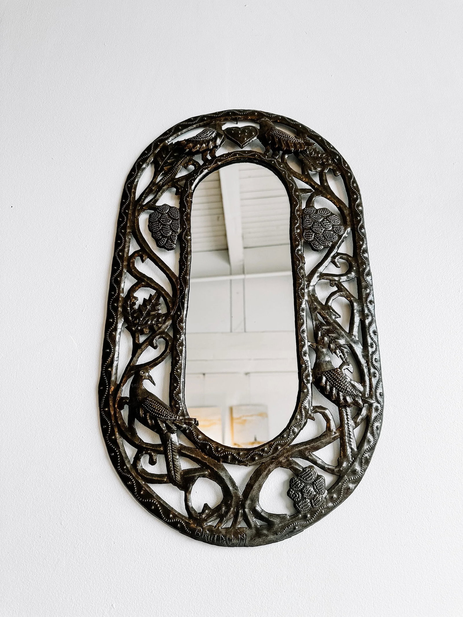 Vintage Handmade Punched Tin Brutalist Bird Motif Oval Mirror - 2