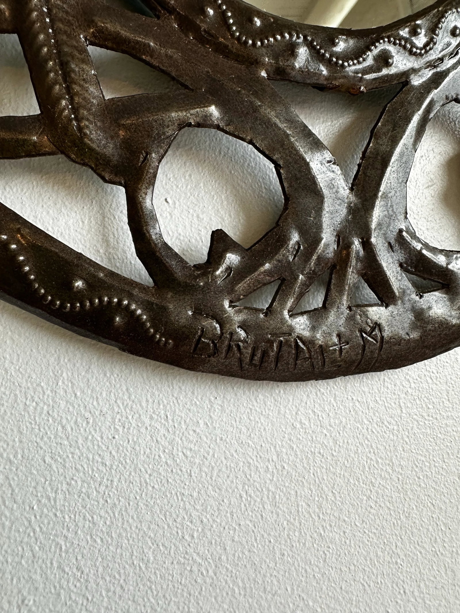 Vintage Handmade Punched Tin Brutalist Bird Motif Oval Mirror - 3
