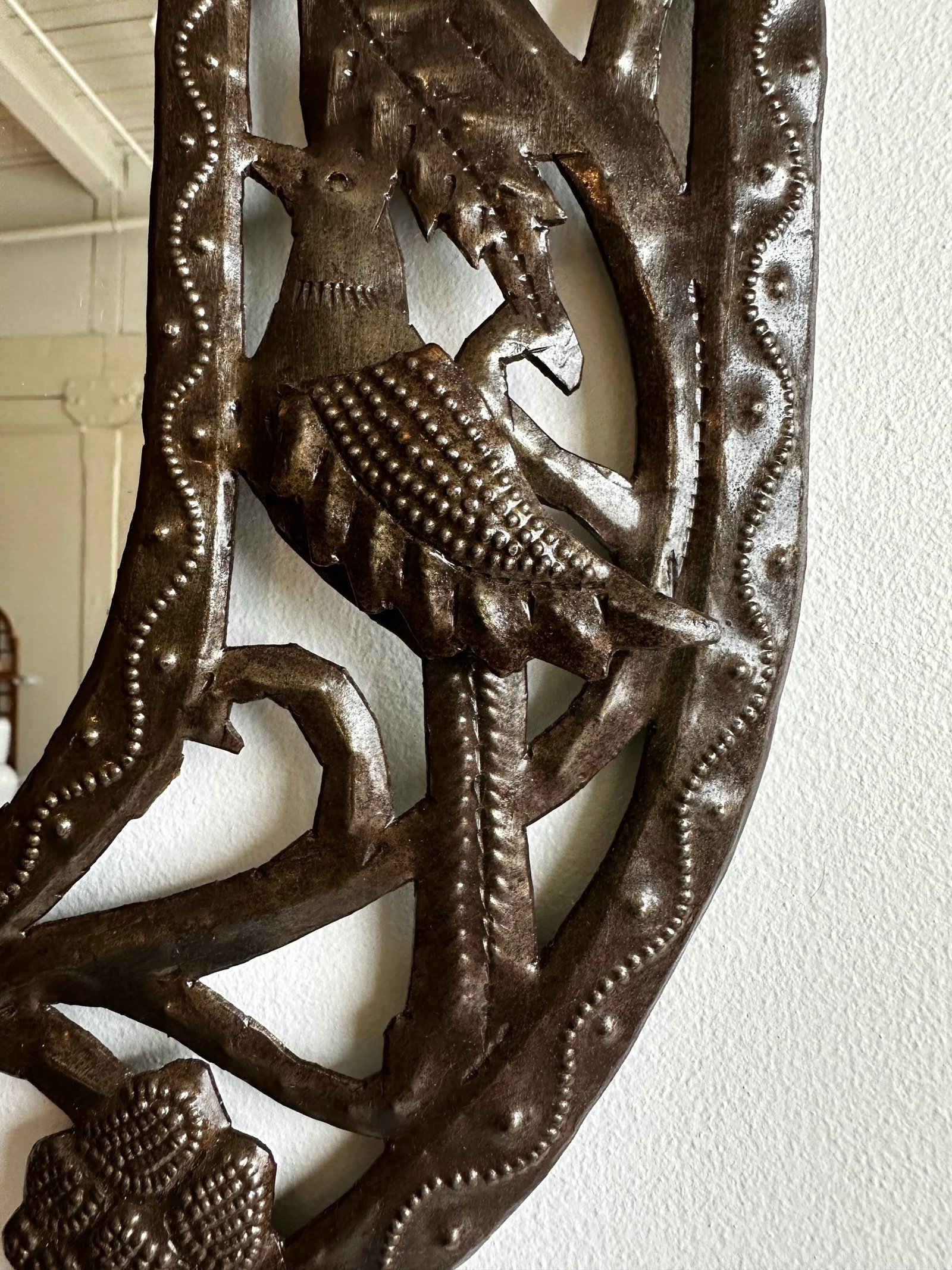 Vintage Handmade Punched Tin Brutalist Bird Motif Oval Mirror - 5