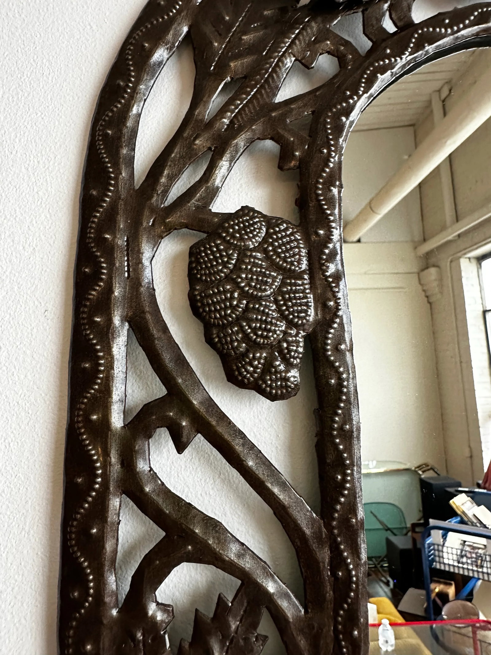 Vintage Handmade Punched Tin Brutalist Bird Motif Oval Mirror - 6