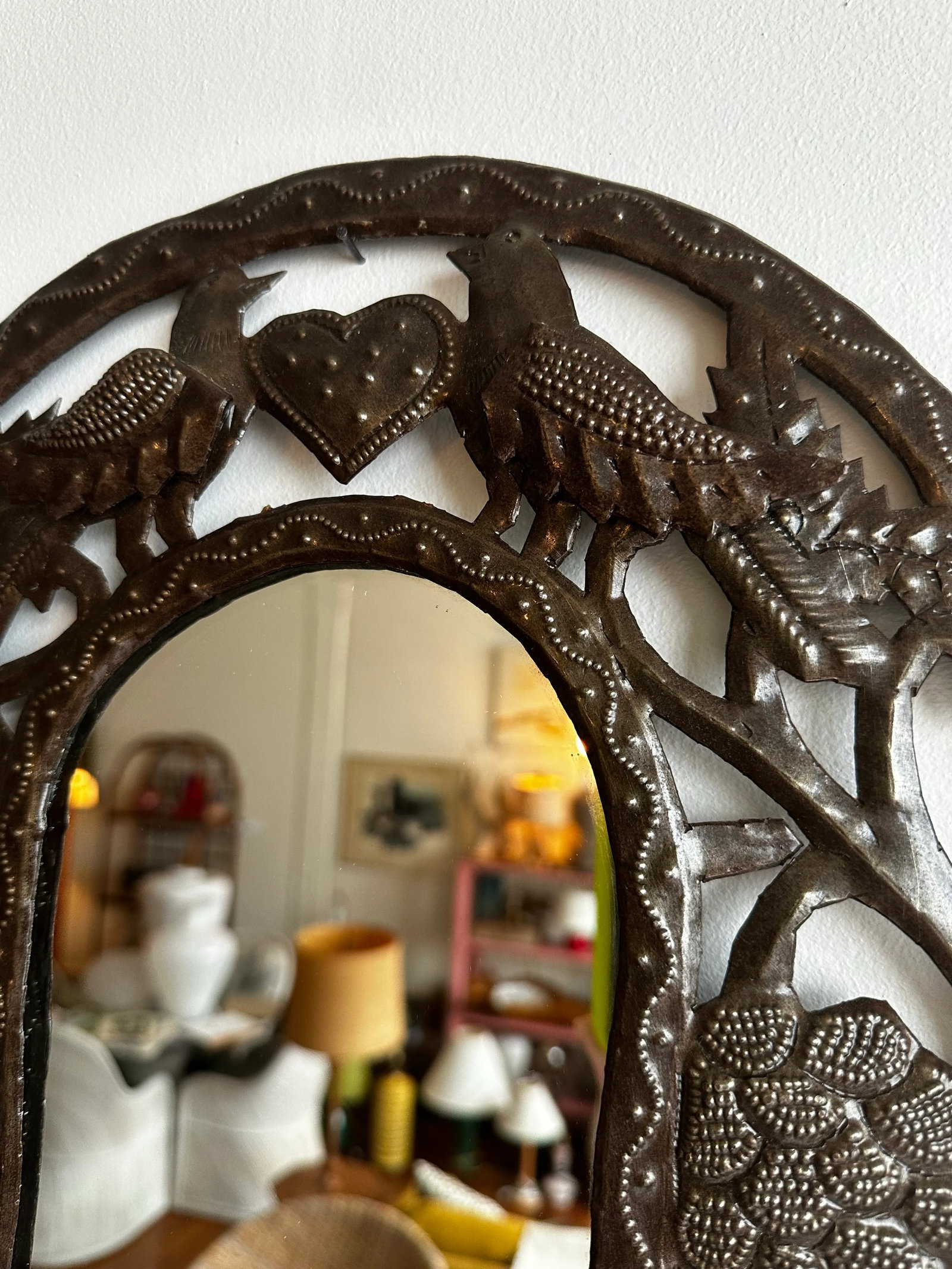 Vintage Handmade Punched Tin Brutalist Bird Motif Oval Mirror - 7