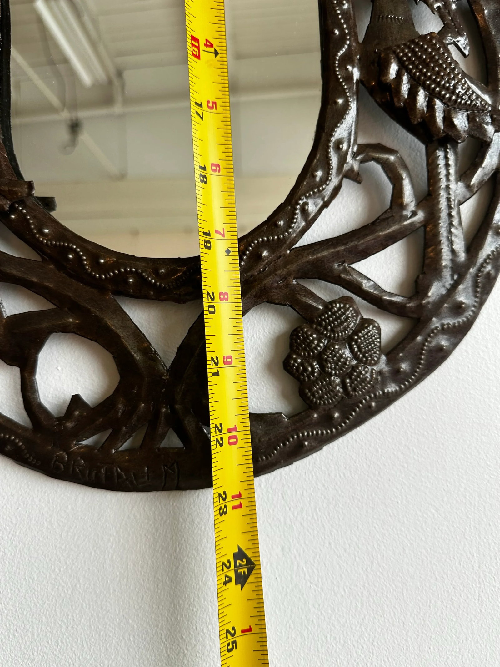 Vintage Handmade Punched Tin Brutalist Bird Motif Oval Mirror - 8