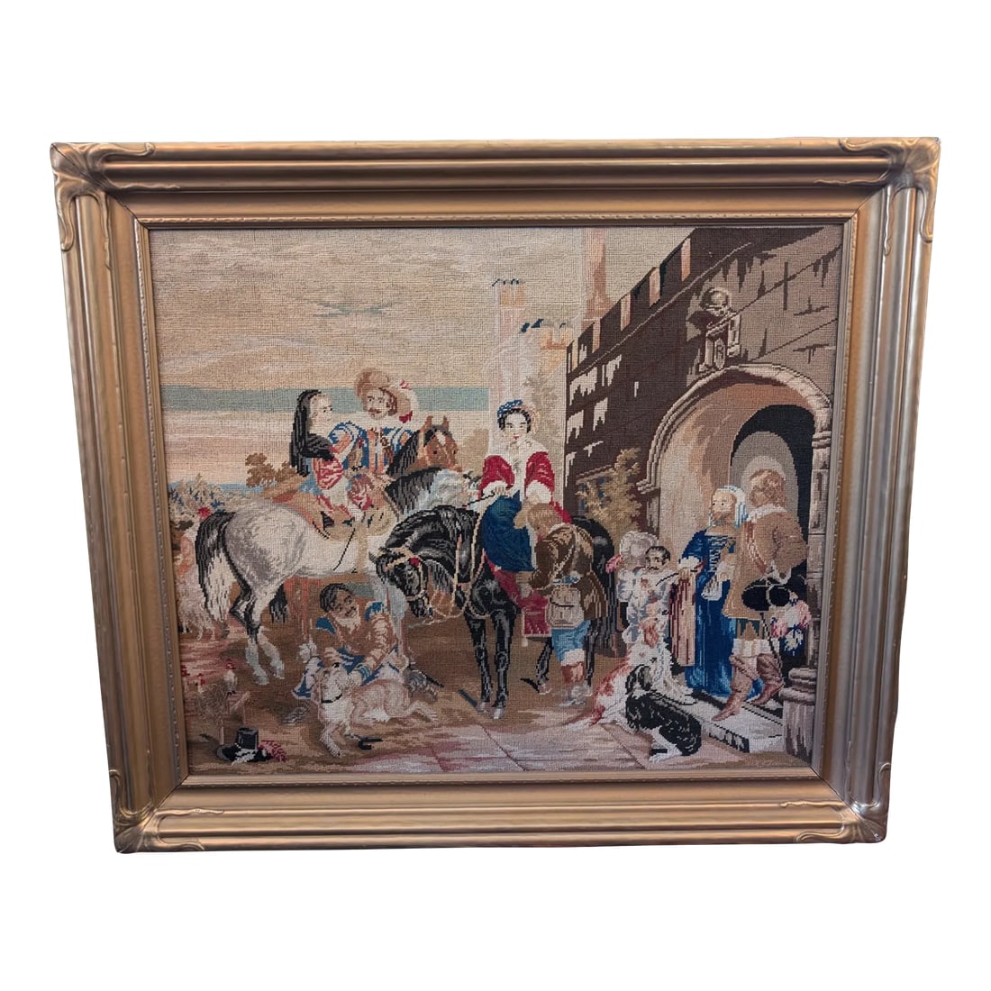Large Vintage Needlepoint of Hunting Scene in Gilt Deco Frame: Beautiful vintage needlepoint or textile featuring a Renaissance hunting scene including cavaliers, ladies and spaniels. I love the detail and color in this piece -- from the horses to the chickens,