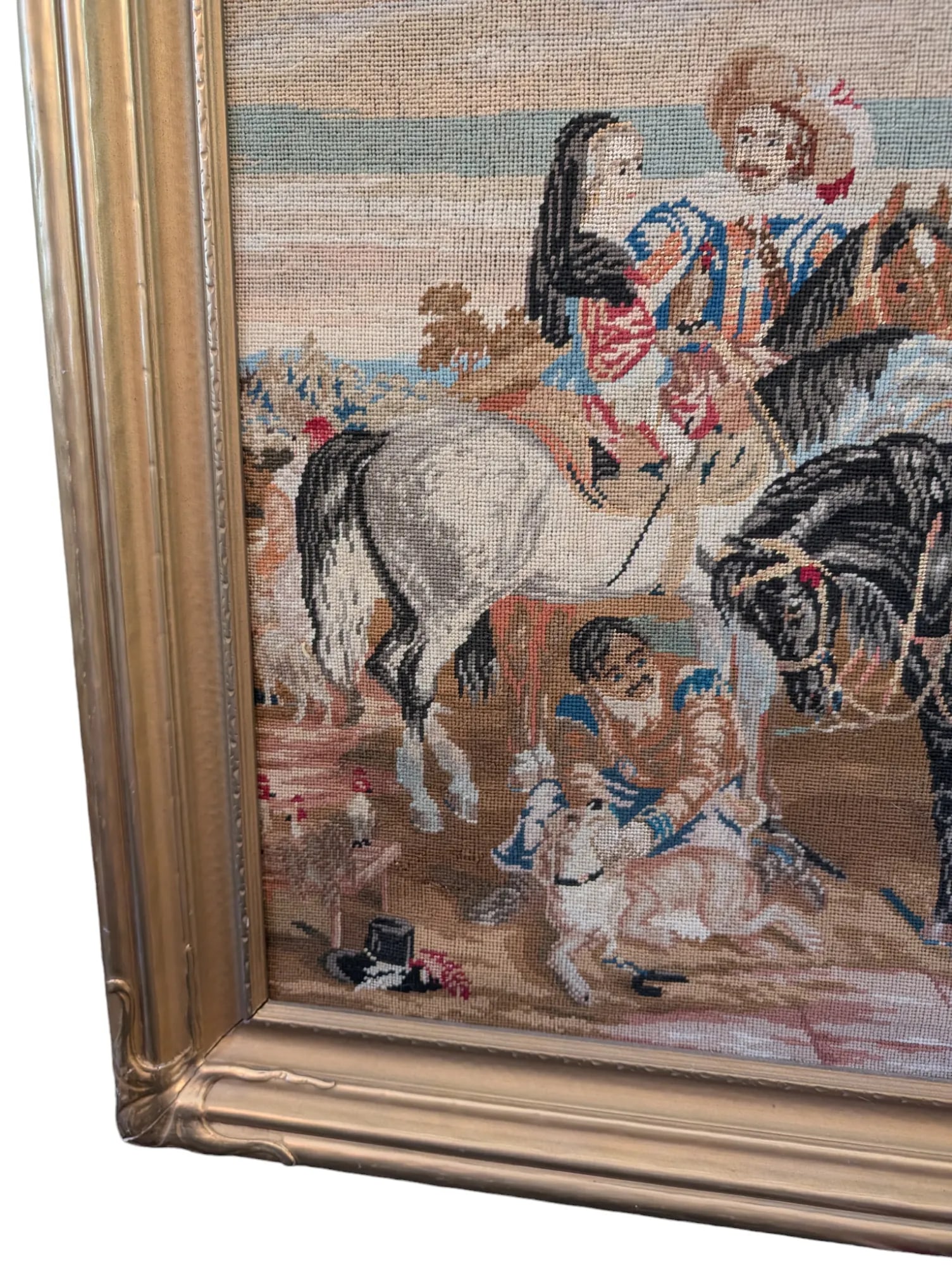 Large Vintage Needlepoint of Hunting Scene in Gilt Deco Frame - 5