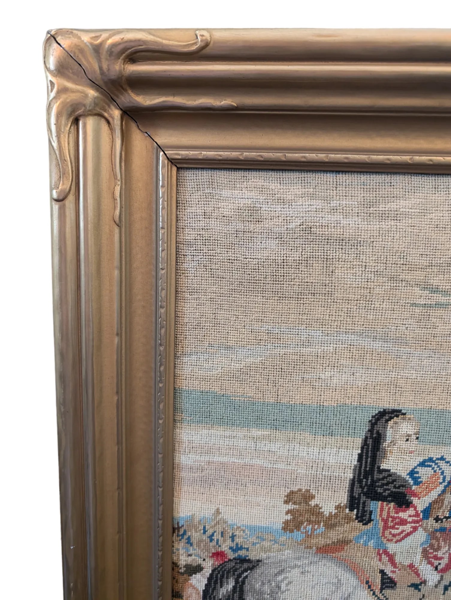 Large Vintage Needlepoint of Hunting Scene in Gilt Deco Frame - 6