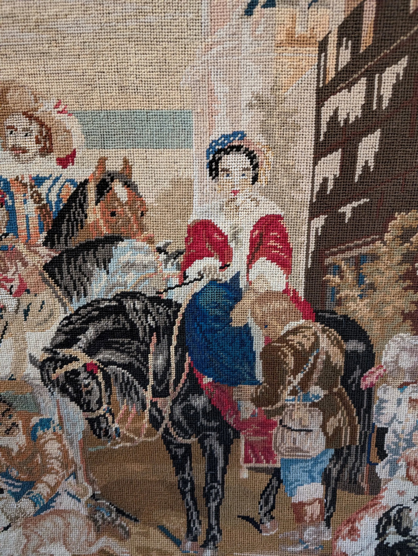 Large Vintage Needlepoint of Hunting Scene in Gilt Deco Frame - 7
