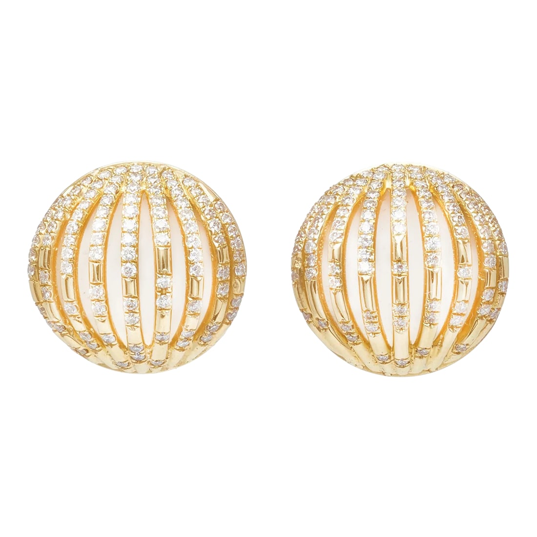 18k Yellow Gold Palm Cage Earrings - 2 Pieces: 18k Yellow Gold Palm Cage Earrings with White Enamel and White Diamonds TCW 0.92 Condition: Imperfections: No Imperfections Condition Notes: Excellent condition Origin: United States Materials &